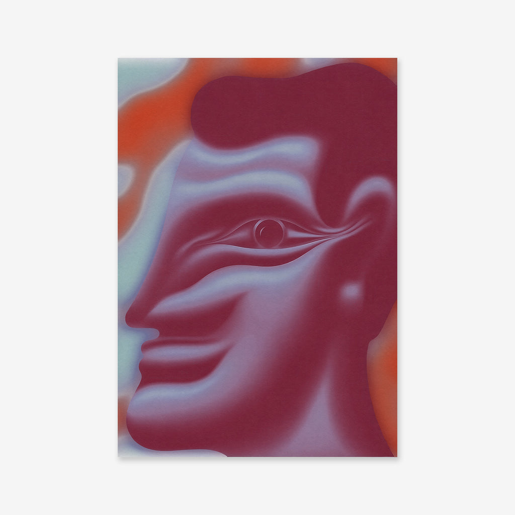 “Side eye” is an abstract Giclée print with vivid maroon, purple, blue, and orange hues. Smooth, wavy lines form a dreamlike stylized face in profile—perfect for adding modern flair to your space.