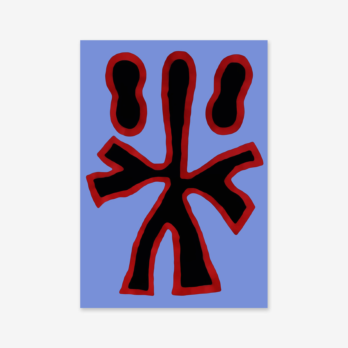 “Signs No. 2” is a bold giclée art print featuring a black stick-like form with three red-outlined ovals, set on a light blue background. Printed on matte archival paper, it’s perfect for adding modern style to your space.