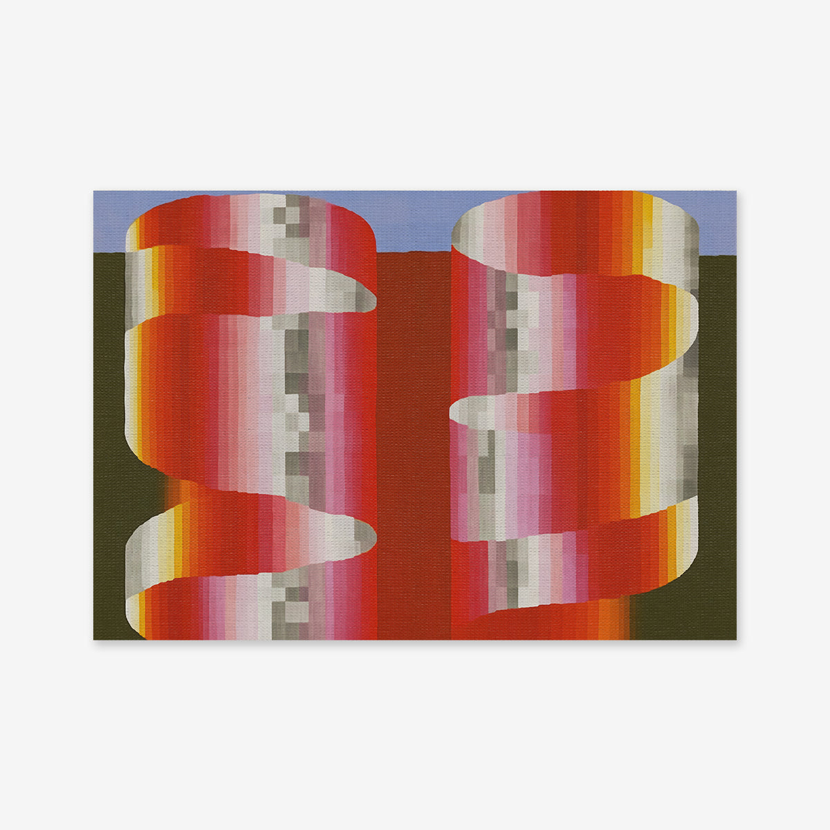 Silos No. 2 is a vibrant giclée art print featuring two vertical ribbon-like spirals in red, pink, orange, white, and gray gradients on a green and blue background—perfect for modern interiors.