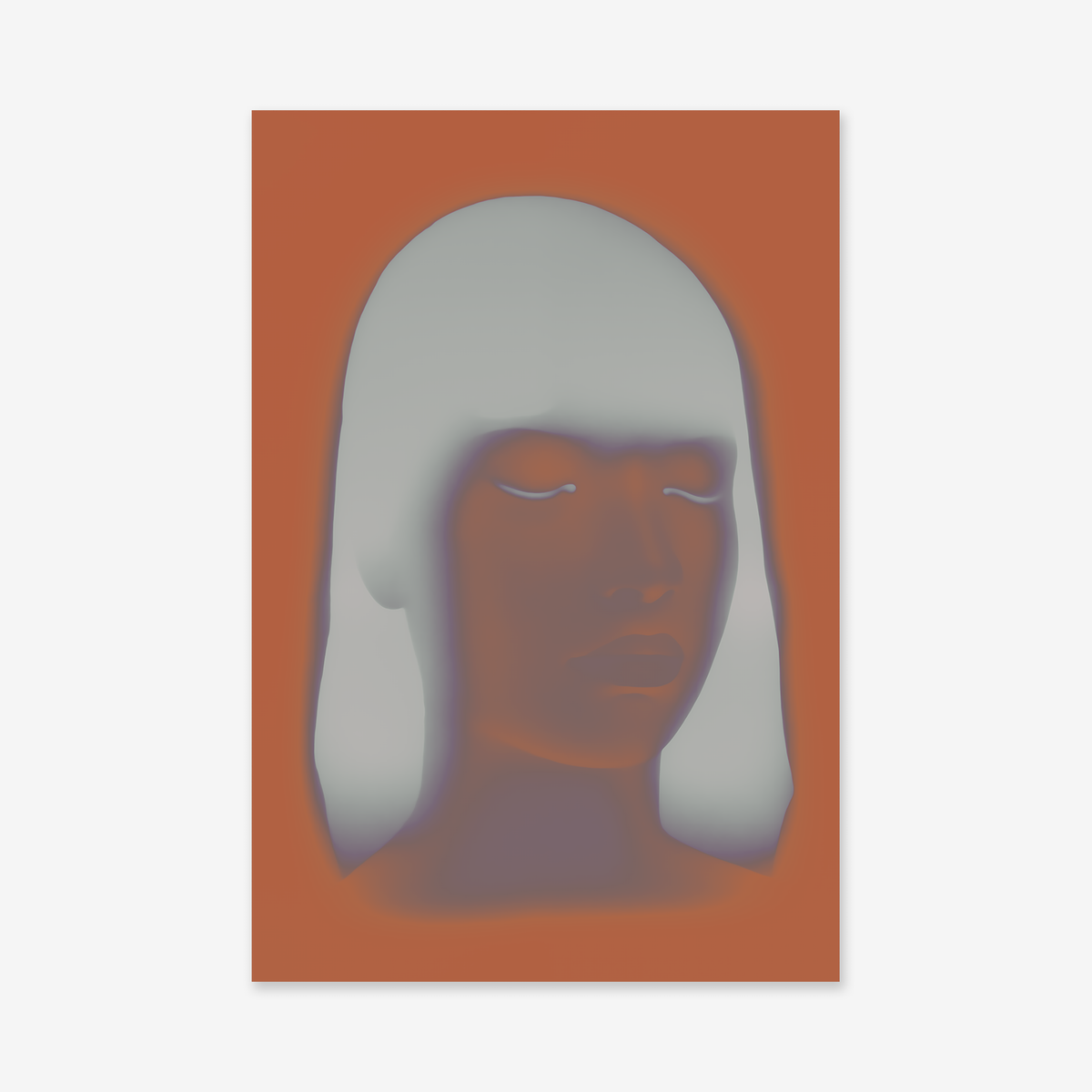 Silver glow—a dreamy giclée art print featuring a softly blurred portrait of a woman with closed eyes and straight, light-colored hair on a rust-orange background—brings ethereal elegance to any modern space.