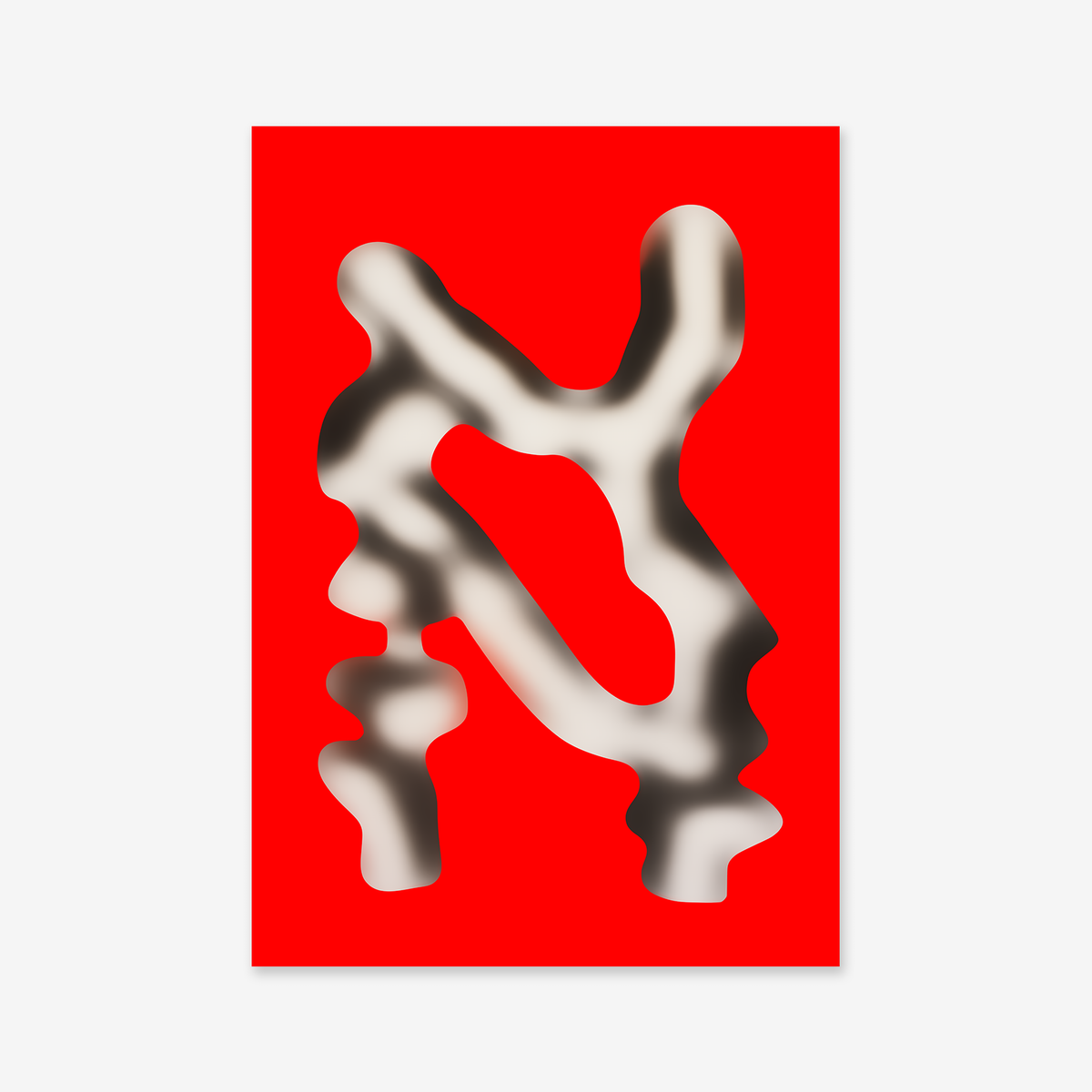 Silver statue No. 1 features abstract black and white organic shapes with blurred edges on a vivid red background, centered on white canvas. This bold Giclée print adds striking flair to any modern interior.