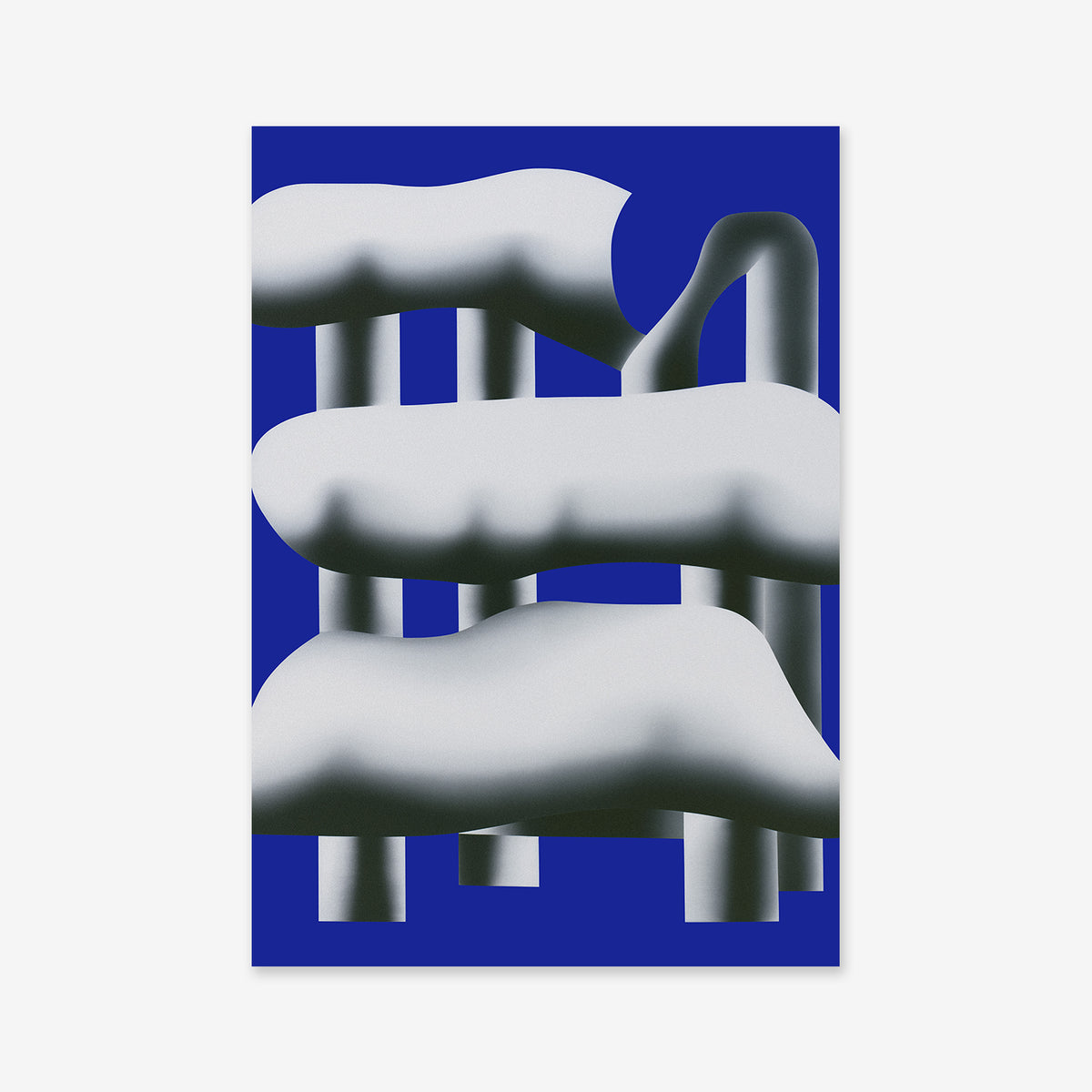 Silver statue No. 2: A giclée art print showcasing three wavy, cloud-like white forms draped over vertical gray bars on a deep blue background. This abstract, modern piece is perfect for elevating any contemporary interior décor.