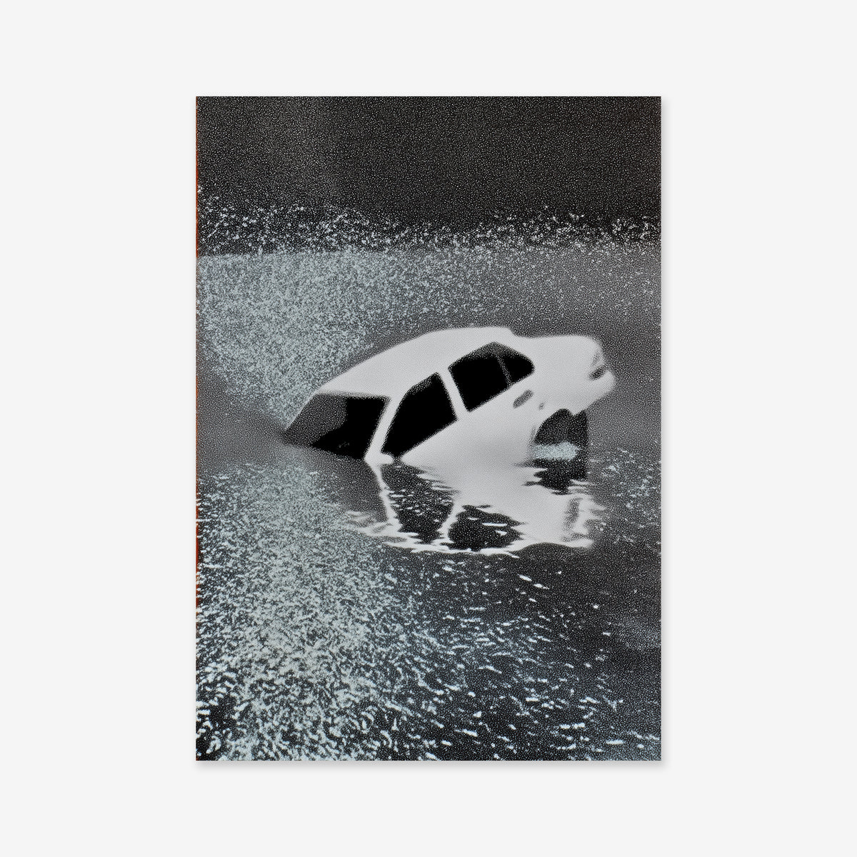 Sinking car" depicts a white car partially submerged at night, with its roof and windows catching the shimmering reflection. This striking giclée art print brings intrigue and modern style to your interior decor.
