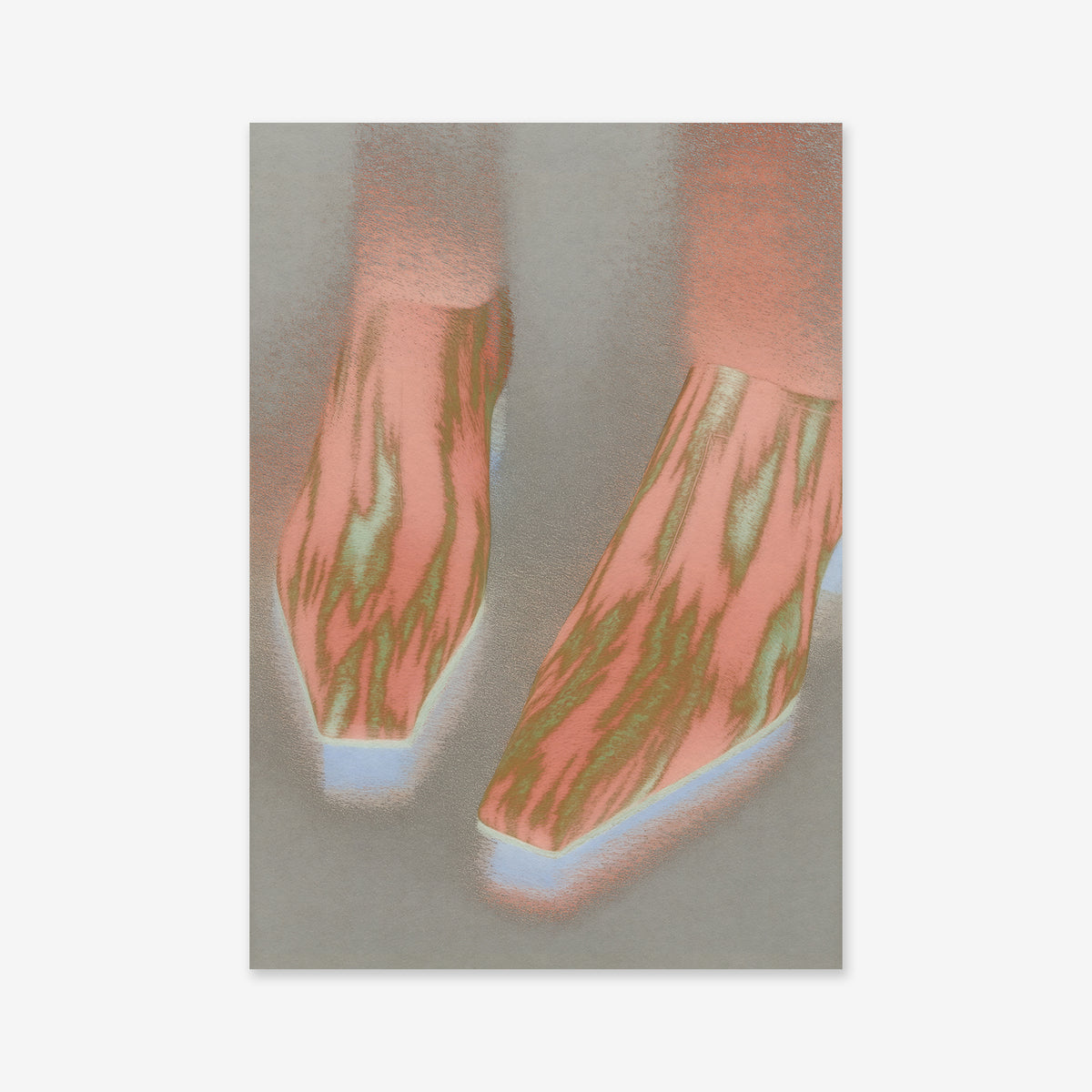 A stylized image of two feet in Slick shoes—pointed, pink and green striped footwear with glowing white soles on a gray background—makes a striking Giclée art print for modern interiors.