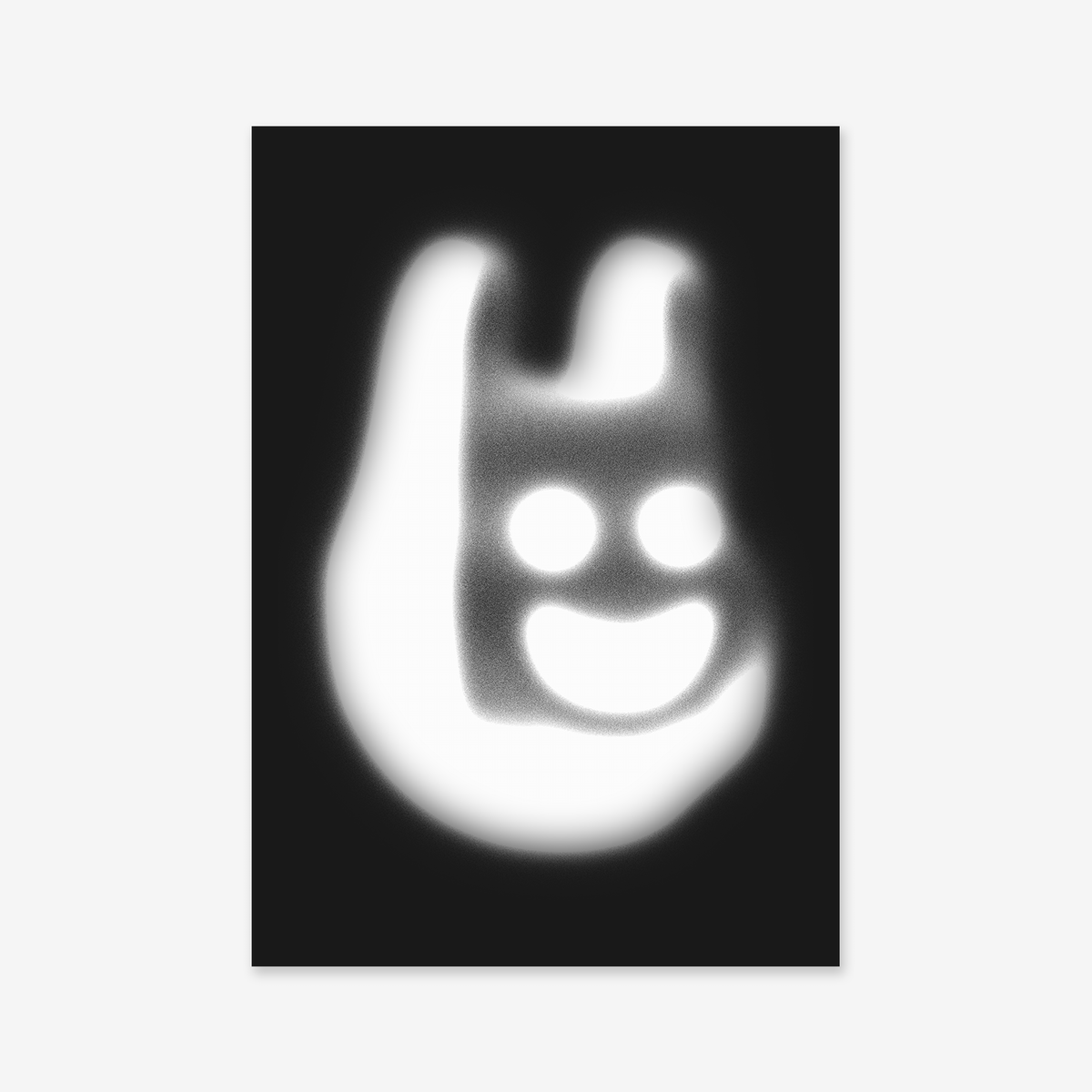 Smiley batboy features a soft, glowing white abstract figure with a smiling face and two ears on a black background. Its playful, cartoon-like style makes it the perfect Giclée art print for modern interiors.