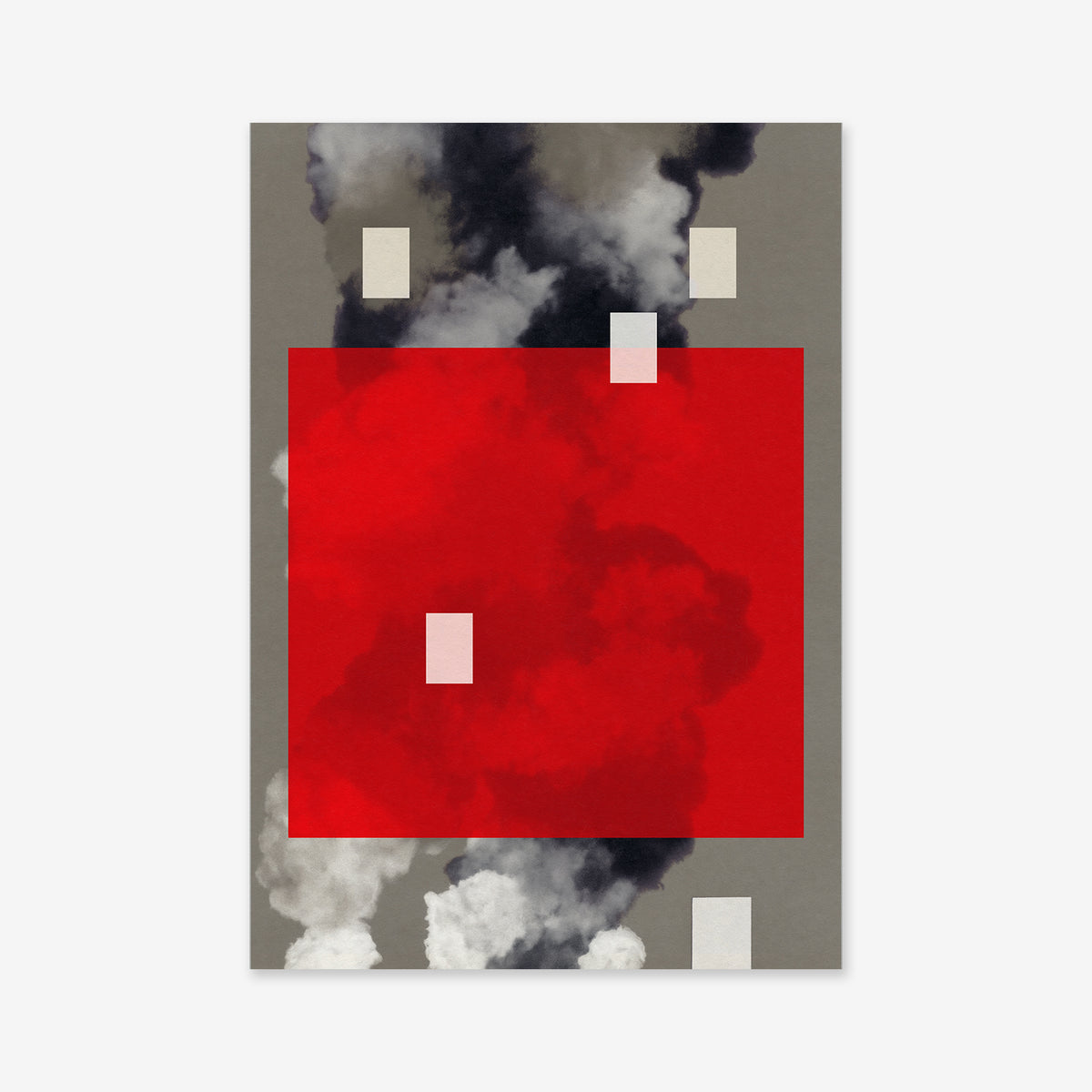 Modern artwork featuring a large red square layered over smoky black, gray, and white clouds with scattered off-white rectangles, reimagined as the "Smoke detector"—a striking giclée print for contemporary interiors.