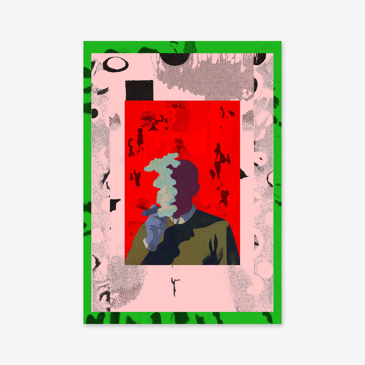 Smoking inside No. 1 is a colorful abstract artwork featuring a silhouette smoking, their face lost in smoke. Bold red, pink, green, and black patterns with layered textures make it a striking Giclée print for any modern space.