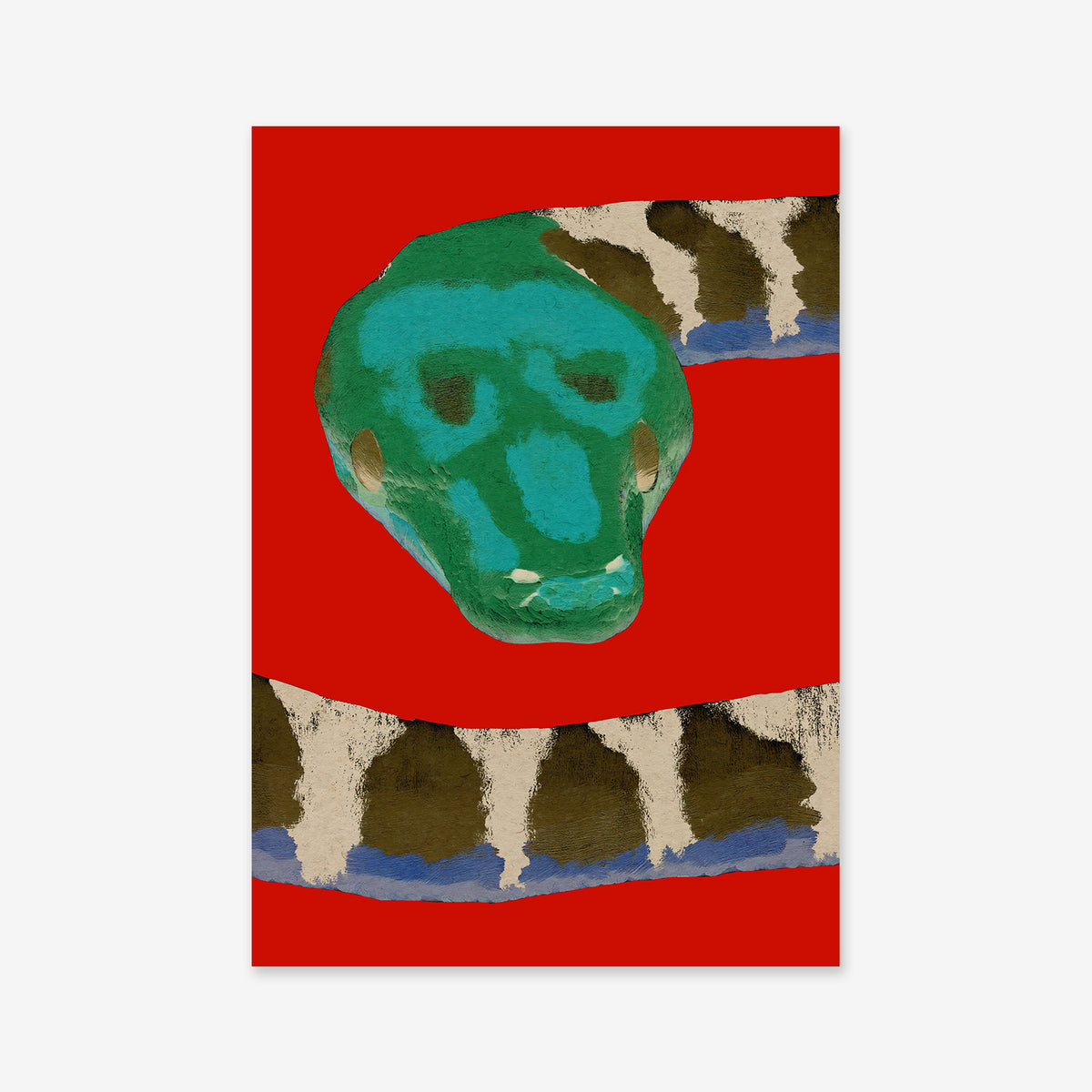 Snake collage features a stylized green snake’s head with a brown, white, and blue striped body on a bright red background—ideal as a Giclée art print to enhance any modern interior.