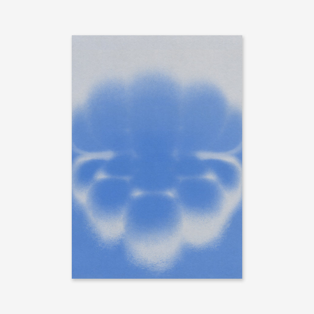 “Soft flower” features cloud-like blue and white shapes blending on a light gray background, forming an ethereal, symmetrical pattern—ideal as a Giclée art print for modern interiors.