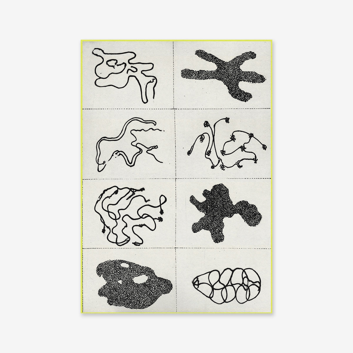 Sorting No. 1 features a grid of eight boxes with unique abstract black ink shapes, dotted textures, and irregular outlines on archival paper—perfect as a Giclée art print for modern interiors.