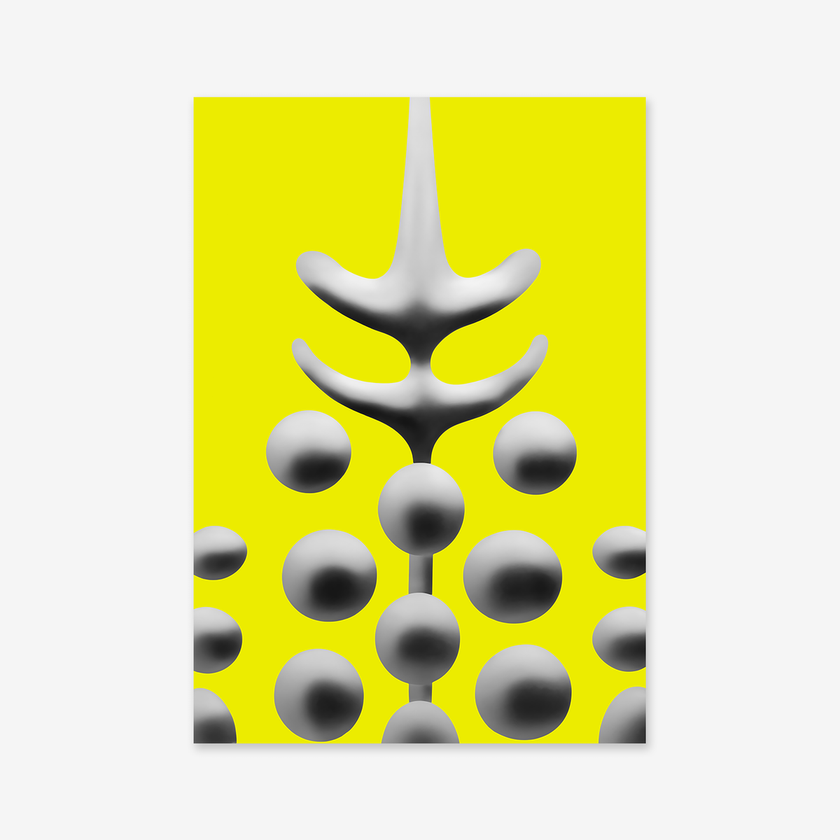 Spear is a modern abstract giclée art print showcasing a central metallic forked structure with rounded edges, flanked by two rows of metallic spheres on a vivid yellow background—ideal for any contemporary space.
