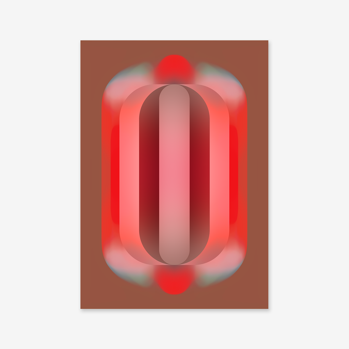 “Spectrum” is abstract digital art showcasing a central oval with layered red, pink, and brown gradients on a soft-glowing brown background. Ideal as a giclée print to enhance any modern interior decor.