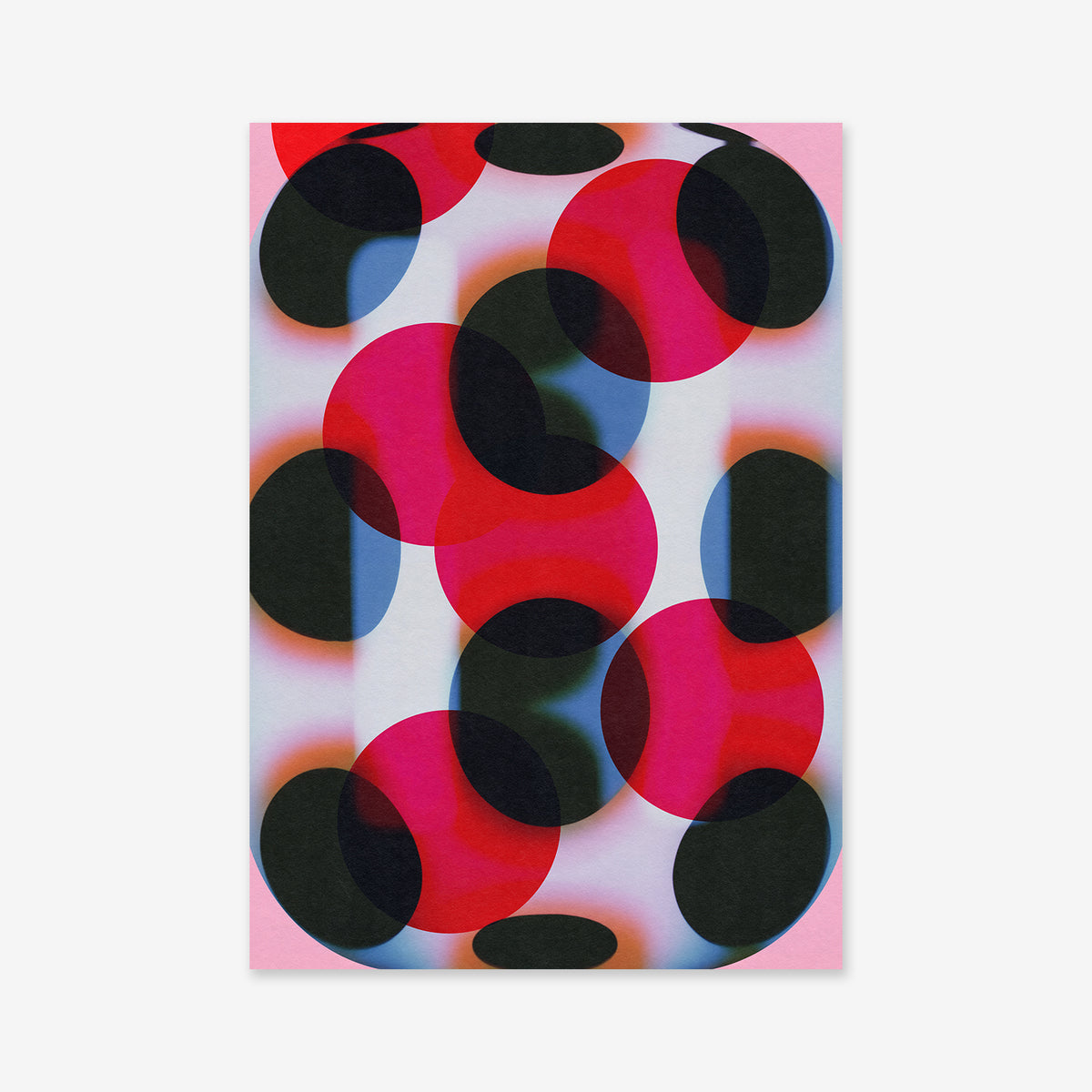 Spilling dots" features overlapping red and black circles with soft edges on a light pink background, creating a layered, blurred effect—ideal as a giclée art print for any modern interior.