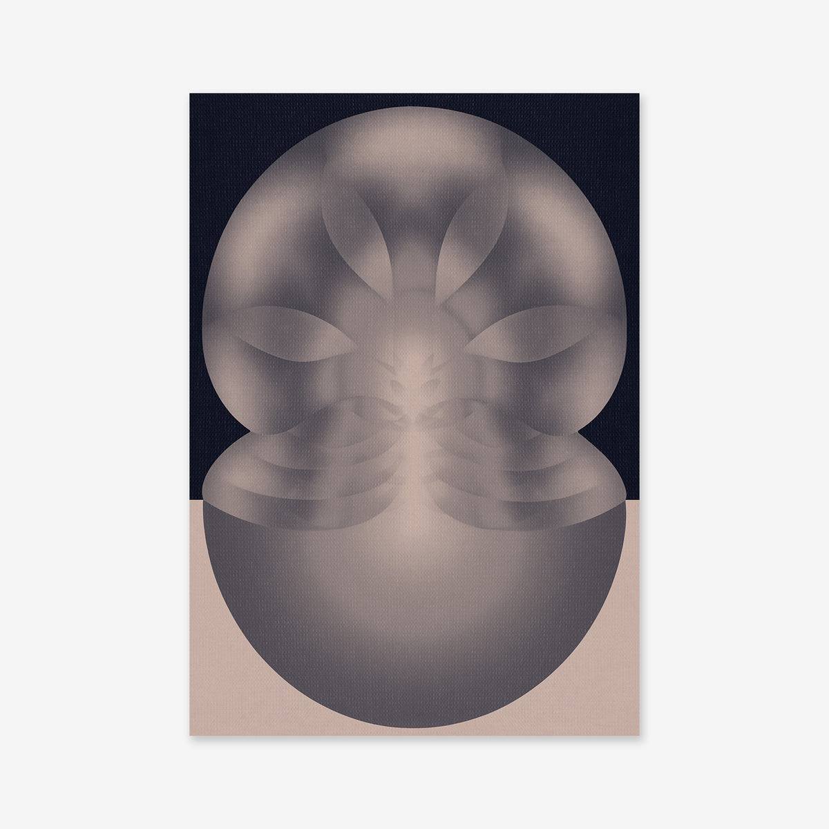 Spiritual bug" is a giclée art print showcasing abstract digital art with overlapping, semi-transparent spheres and leaf-like forms in muted browns and grays on a divided background—ideal for modern interiors.