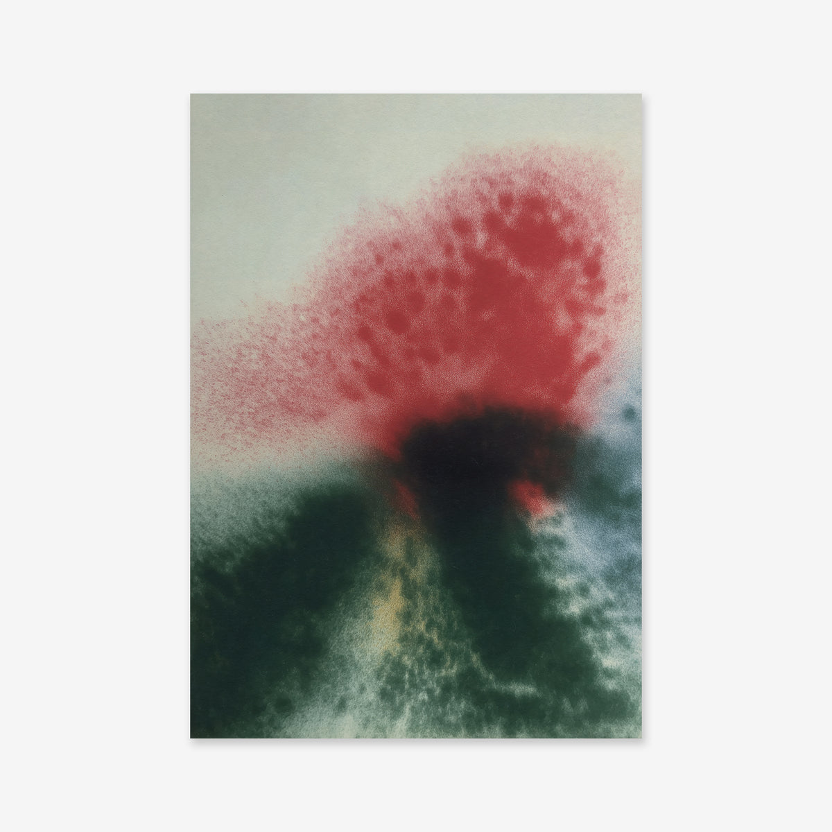 Splash No. 1 is a Giclée art print featuring an abstract burst of red at the top center, with dark green, yellow, and blue fanning below on a pale background. The soft watercolor effect makes it perfect for modern interiors.