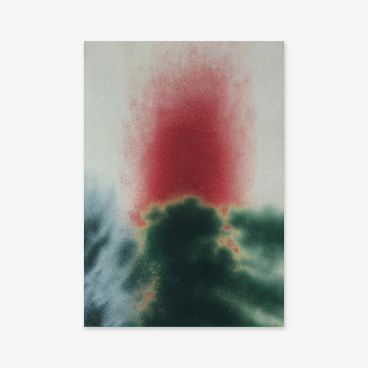 Splash No. 2 is an abstract Giclée art print with a burst of red at the top center, blending into dark green and black cloud-like shapes and pale blue-grey in the background—ideal for modern interiors.
