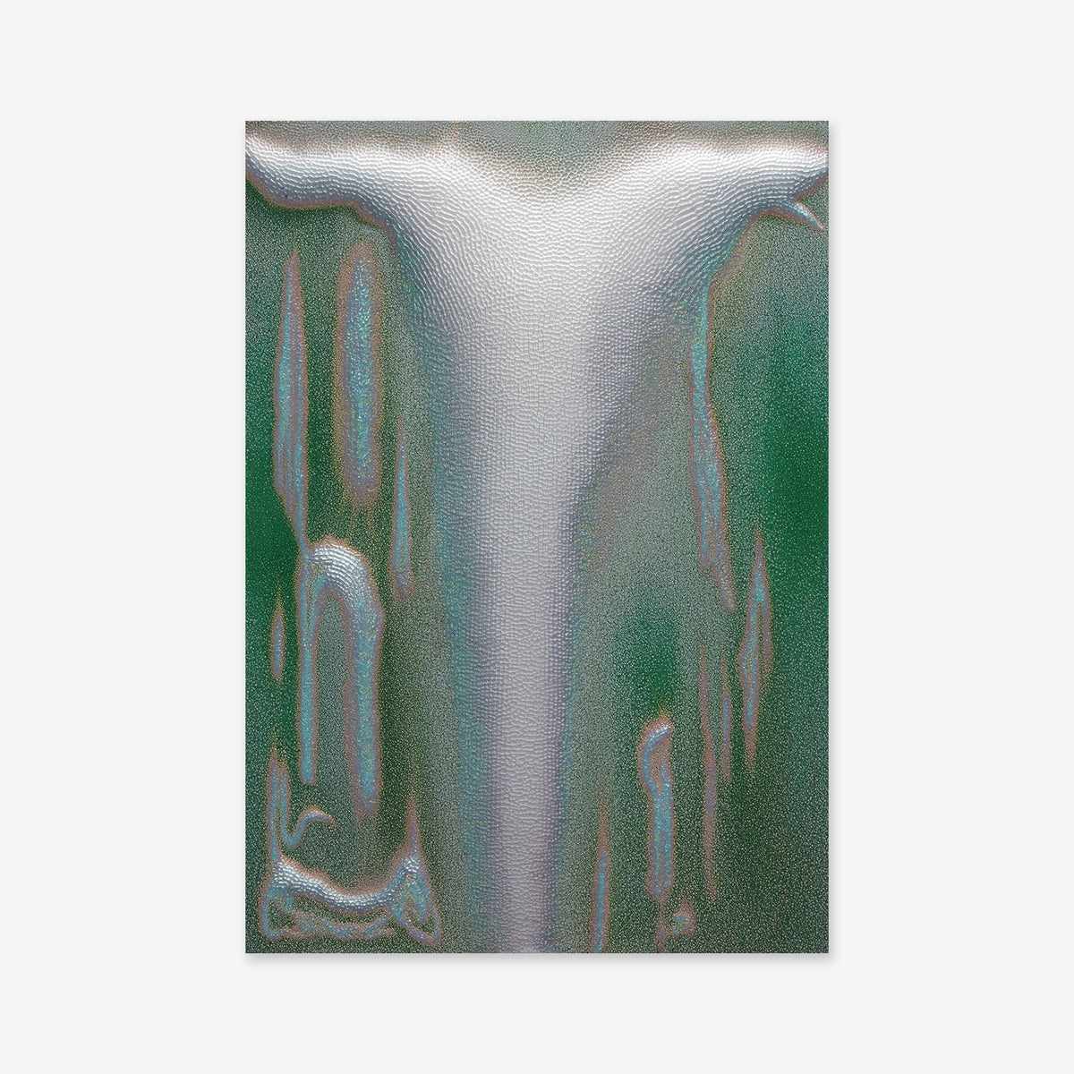 Splatter No. 3 is a giclée art print showcasing a smooth, metallic silver vertical form amid green and teal hues with wavy, textured edges—its fluid, reflective effect brightens any modern interior.