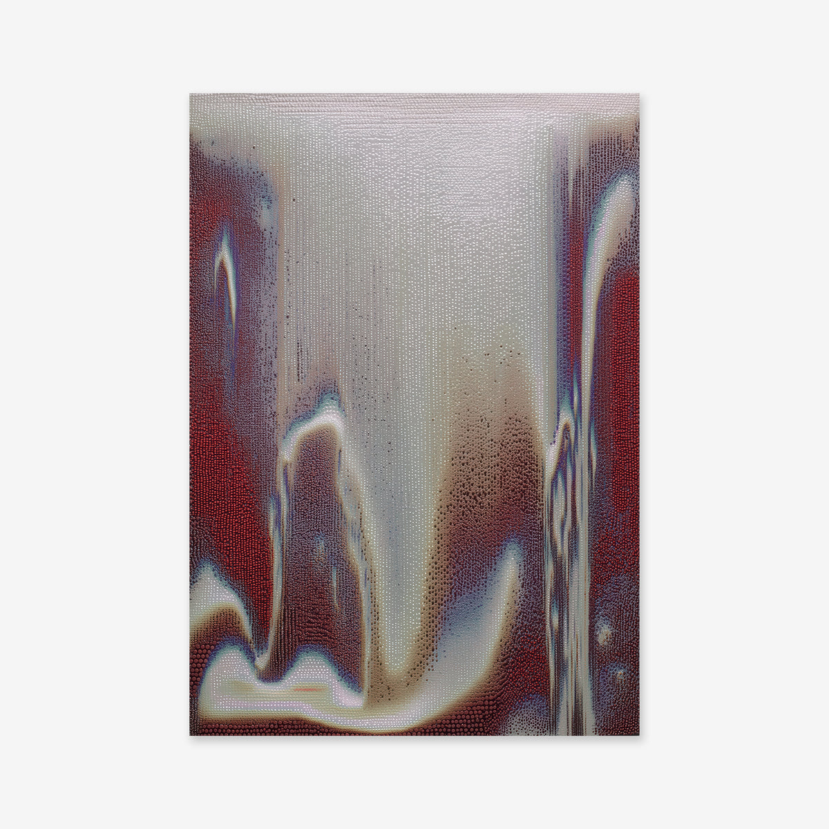 Splatter No. 4 is an abstract digital artwork with wavy shapes in muted red, cream, beige, and gray tones, featuring a textured, pixelated surface with vertical streaks—ideal as a giclée art print for modern interiors.