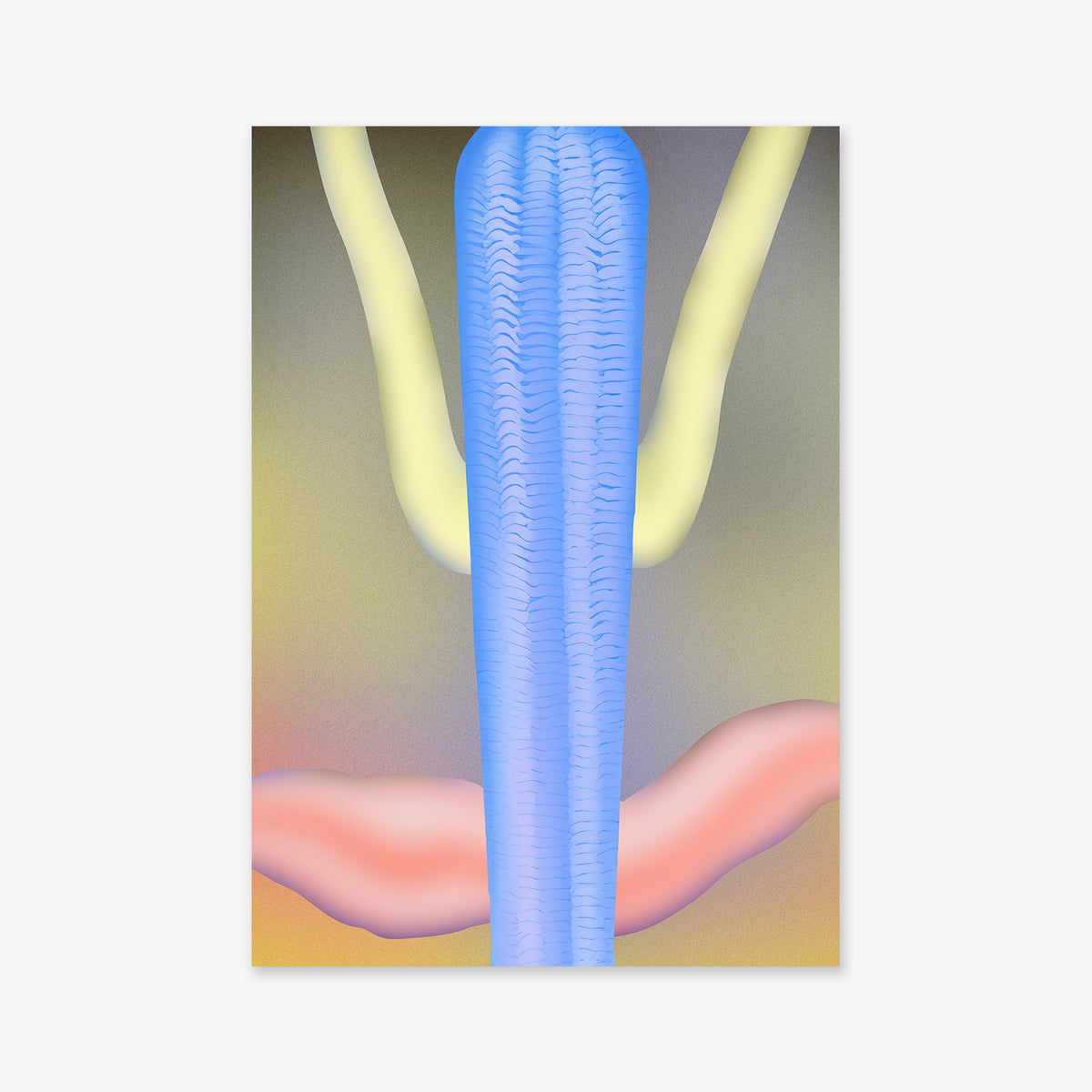 “Split” is an abstract digital Giclée art print on archival paper, showcasing a central vertical blue textured shape, yellow curves above, pink waves below, all set against a soft gradient of gray, yellow, and orange.