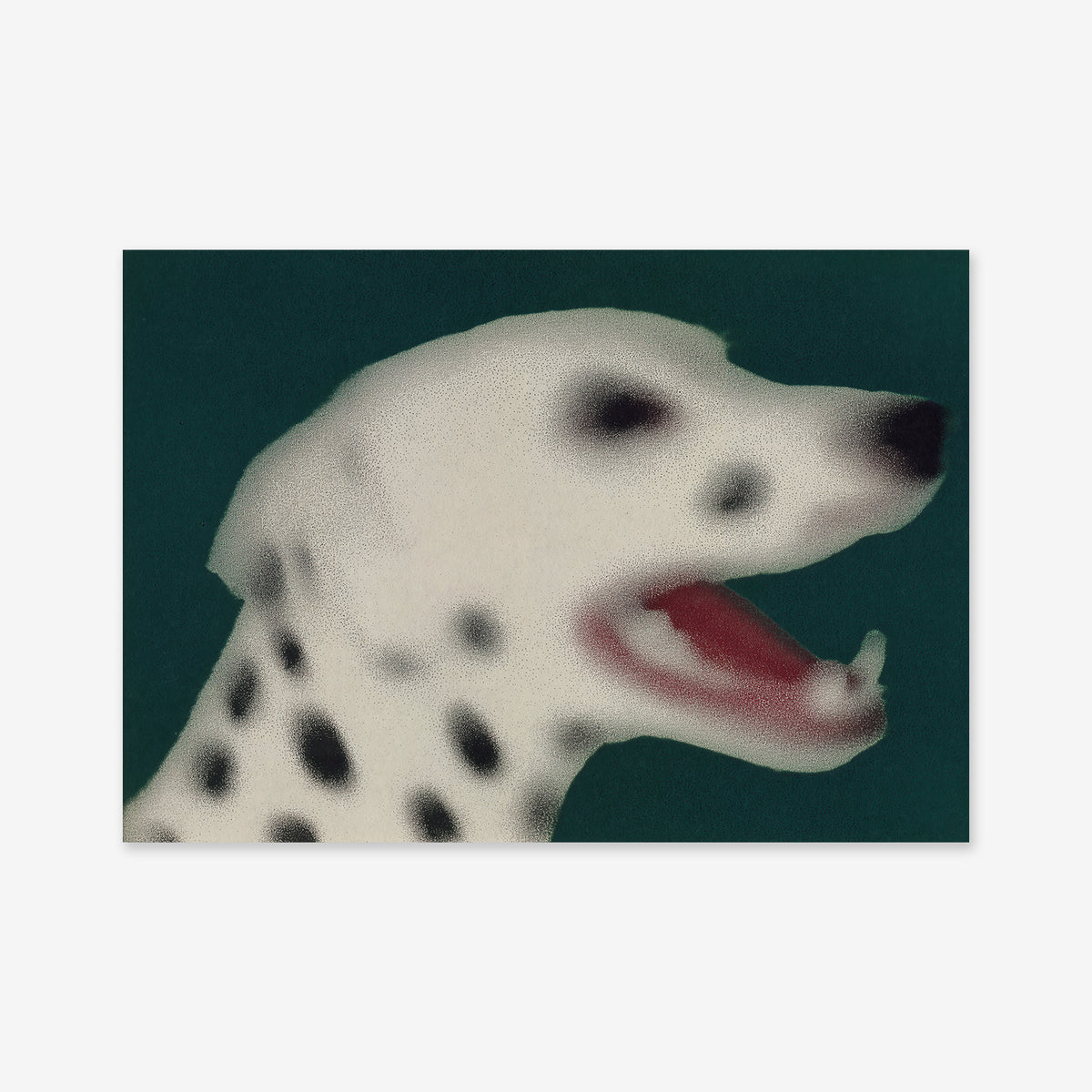 Spotty is a stylized, blurry illustration of a Dalmatian with its mouth open, tongue and teeth visible, set against a dark green background. Its bold black spots on white fur make it an ideal Giclée art print for modern interiors.