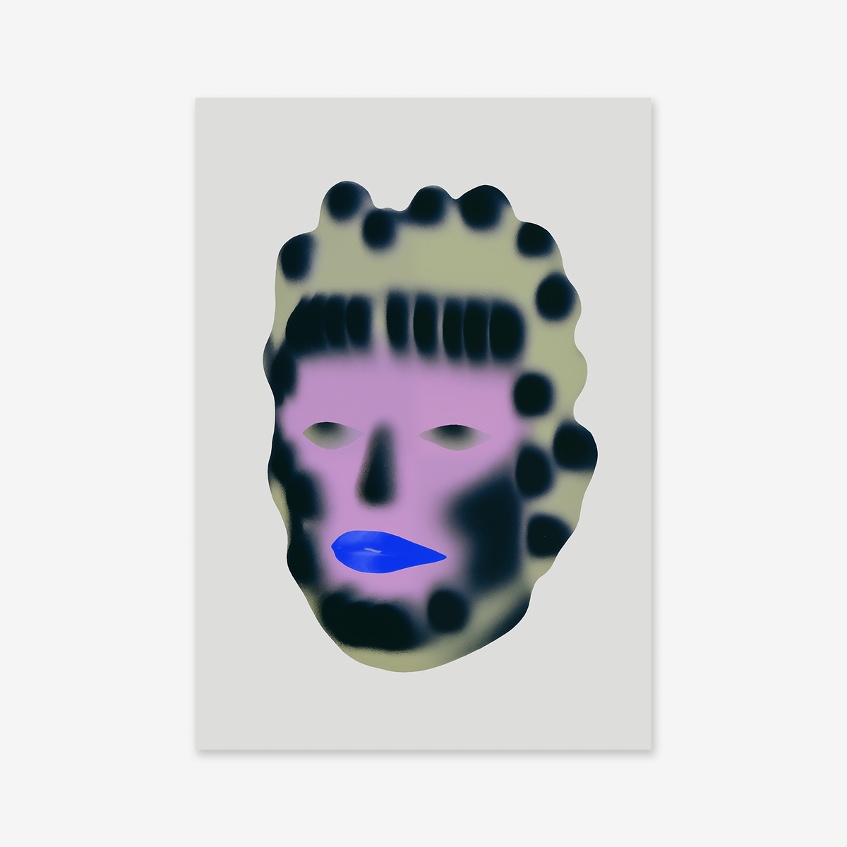 “Spray face No. 3” is a digital illustration featuring an abstract face with purple hues, black spots, blue lips, and minimalist features on a light gray background—ideal as a Giclée art print for modern interiors.