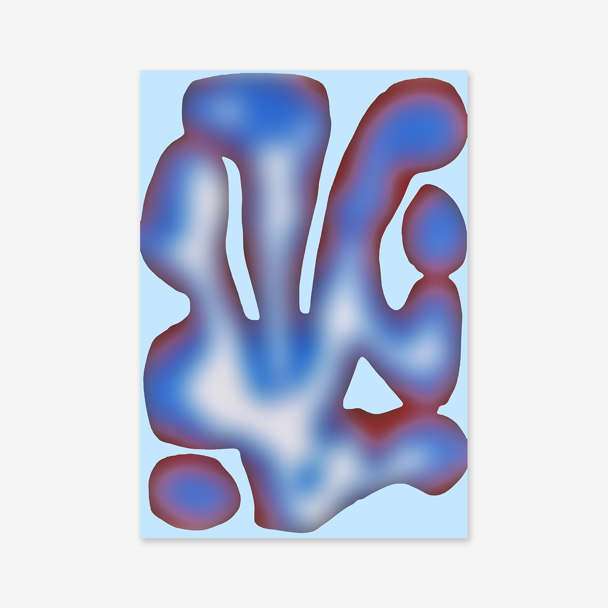 Squinting No. 1 is a giclée art print featuring abstract, blended shapes in blue, white, and maroon on a light blue background—adding a serene, organic touch to any modern space with its fluid and misty appearance.