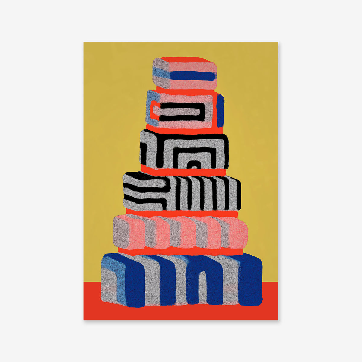 Stacking boxes is a digital illustration featuring six abstract-patterned blocks in black, pink, blue, and gray on a red base with a yellow backdrop—the ideal Giclée art print to enhance any modern space.