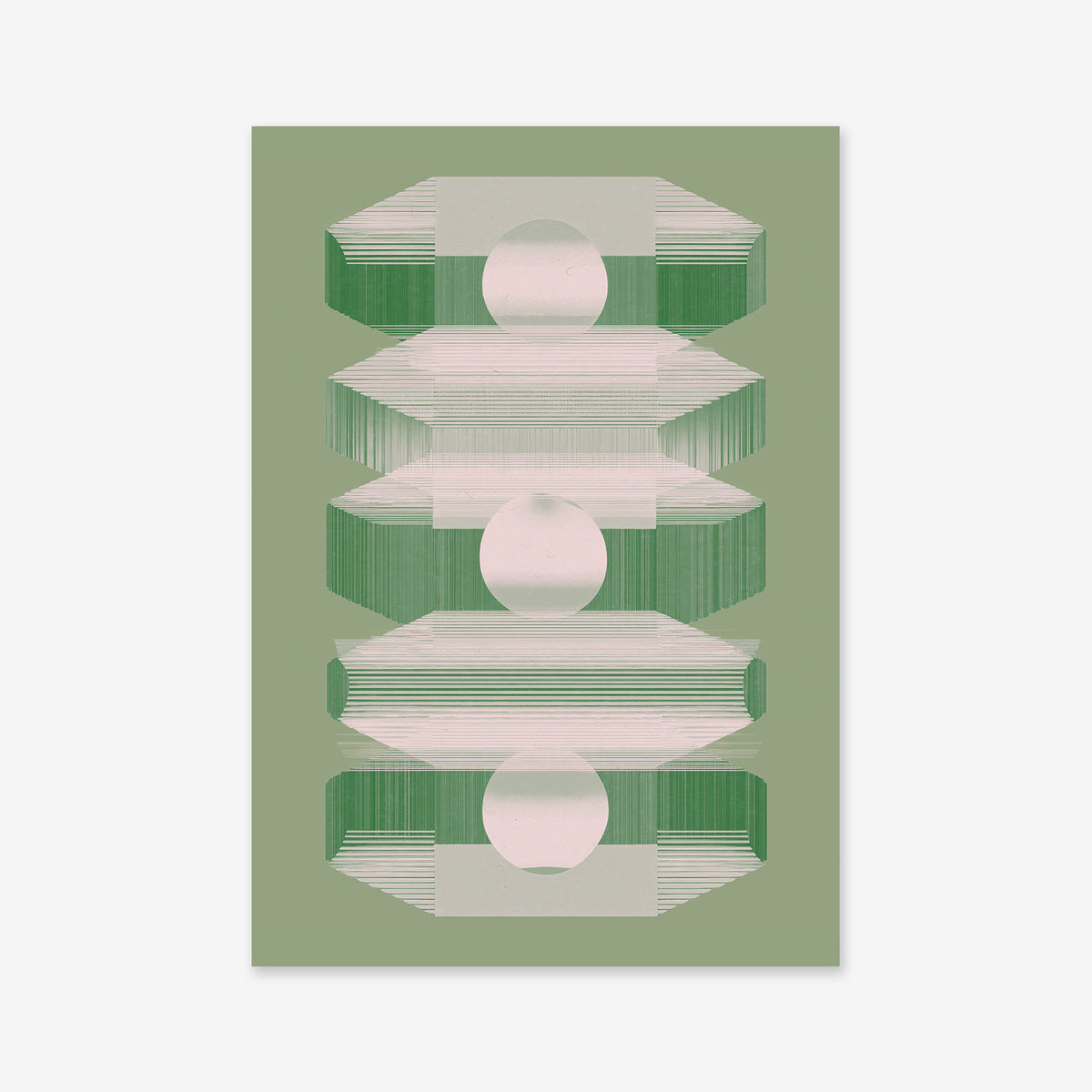 Stacking is a Giclée art print featuring abstract green, white, and pink geometric shapes in horizontal layers with white circles on a muted green background. Its symmetrical design brings a modern touch to any interior.