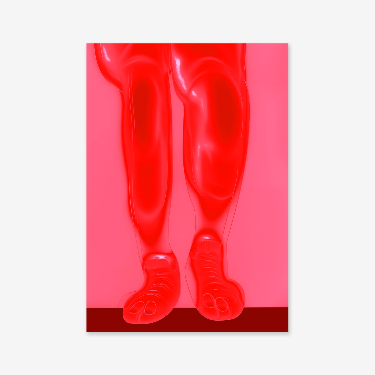 Stanky legs - Red: A digital Giclée art print featuring two shiny, abstract red human legs and feet on a pink background with a dark red strip. Its smooth, stylized forms are perfect for modern interiors.