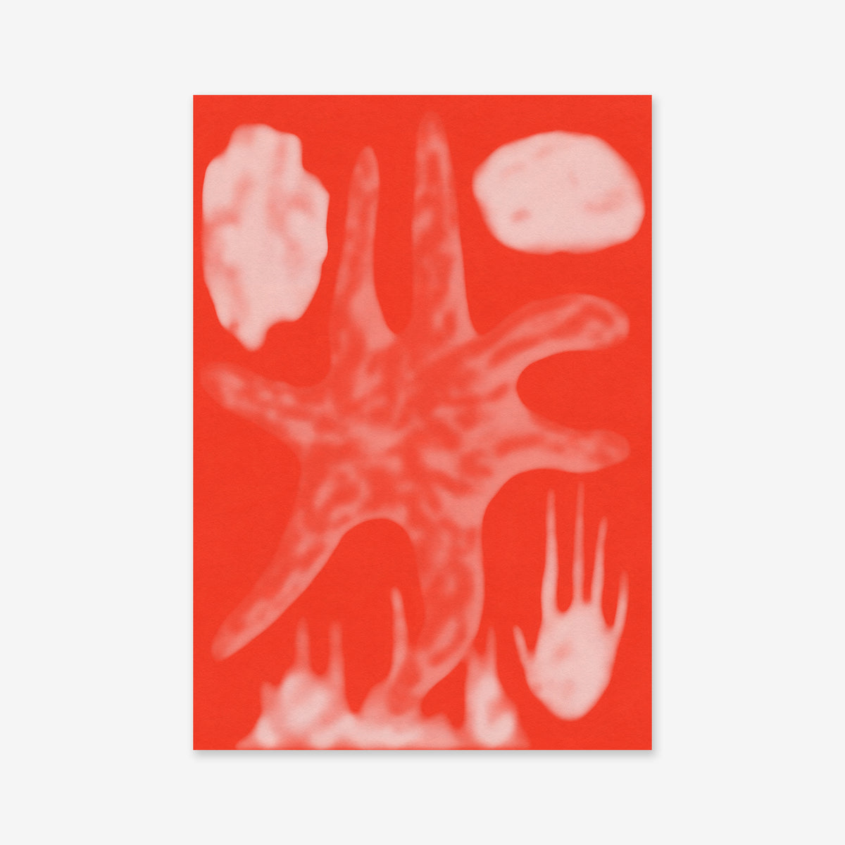 Starfish is an abstract art print featuring a bright red background with blurred, white organic shapes, including a central star-like form. Oval and hand-like figures add dynamic movement—ideal as a modern Giclée print on archival paper.