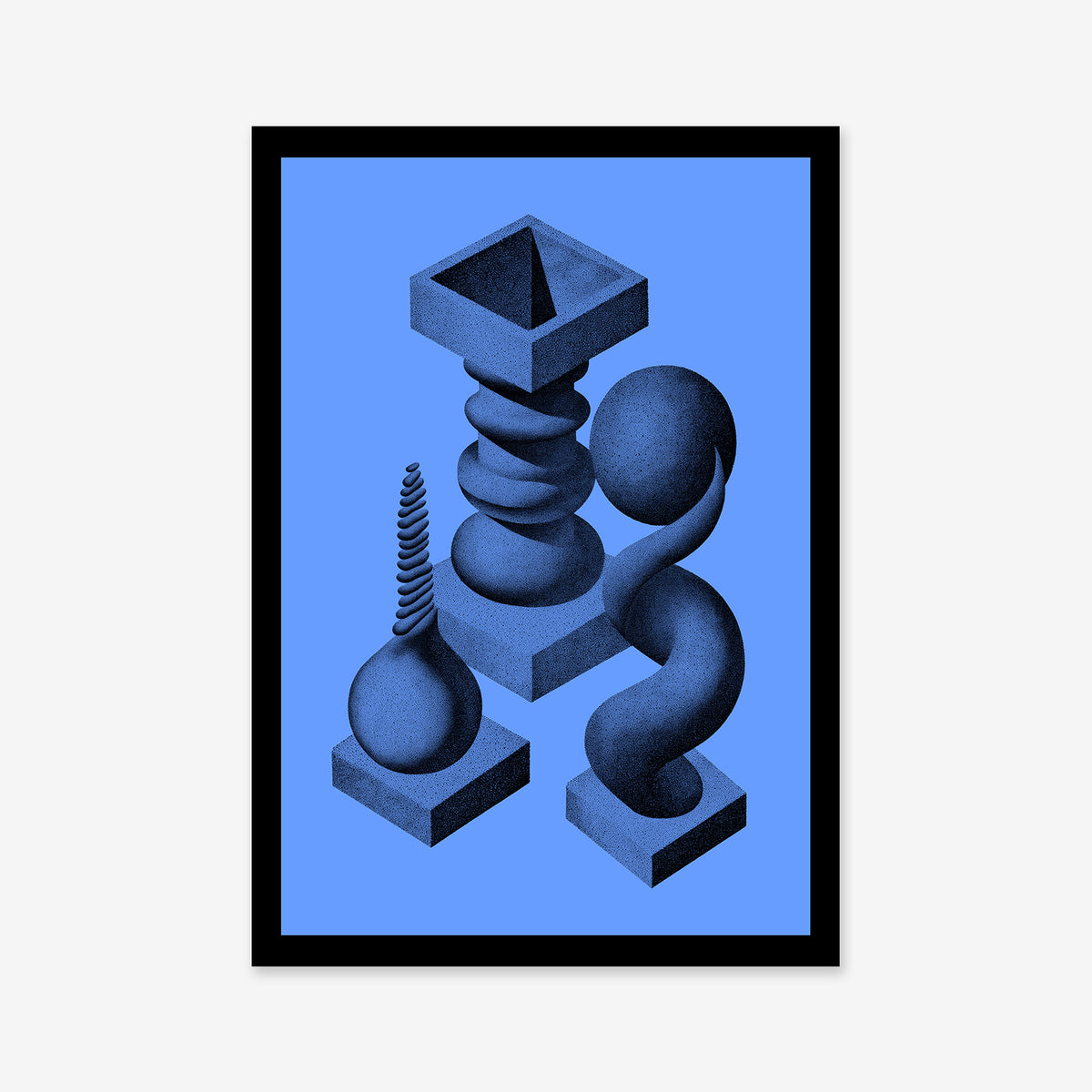 Statuettes No. 2 features abstract blue geometric shapes—spheres, cubes, spirals, and cones—on pedestals against a light blue background. This giclée art print comes in a black frame, ideal for modern interiors.