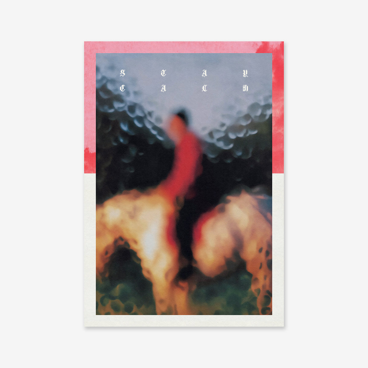 A blurry, abstract image of a person in red riding a white horse against a dark background, bordered in red and white. Faint white letters appear above. "Stay calm" is ideal as a giclée art print for modern interior decor.