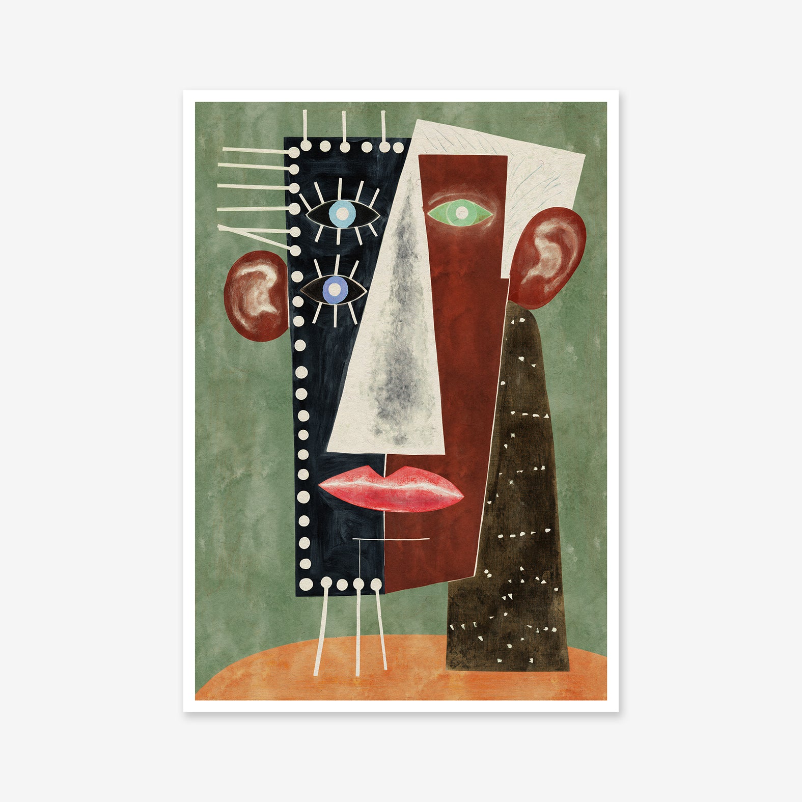 Stitched face No. 2" is a cubist Giclée art print of a human face with geometric shapes, bold colors, multiple eyes, and large lips on a muted green background—ideal for adding modern style to your space.