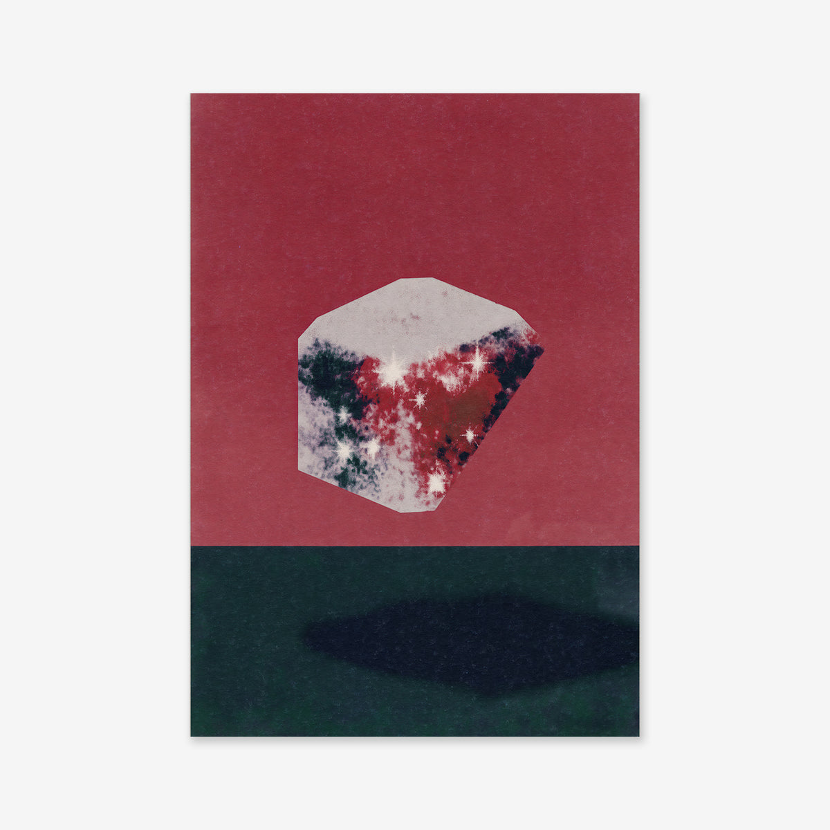 A textured geometric cube floats above a dark surface with its shadow below. The background shifts from deep red to dark green, making "Stone of magic" a striking Giclée art print perfect for any modern space.