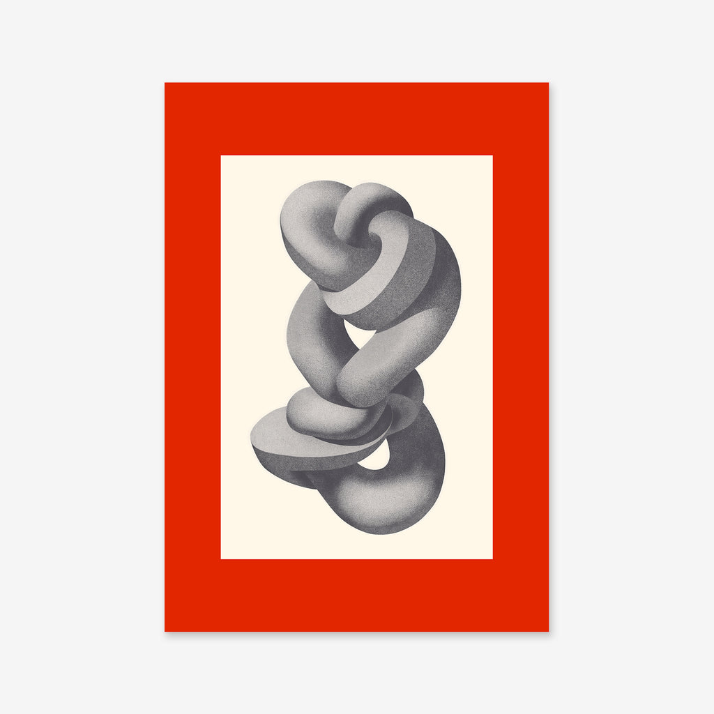 Stone statue No. 2 features a grayscale abstract illustration of three interlocking, twisted rings centered on a cream background with a bold red border—an ideal Giclée art print for modern interior decor.