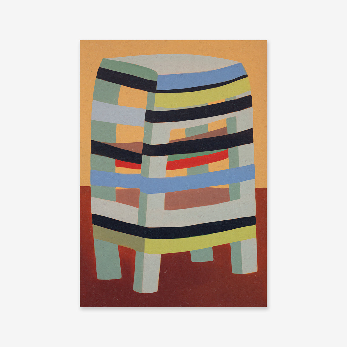 Stool: Abstract artwork of a four-legged stool made from overlapping blue, yellow, black, red, and gray strips on a warm brown and tan background—ideal as a giclée art print for modern interiors.