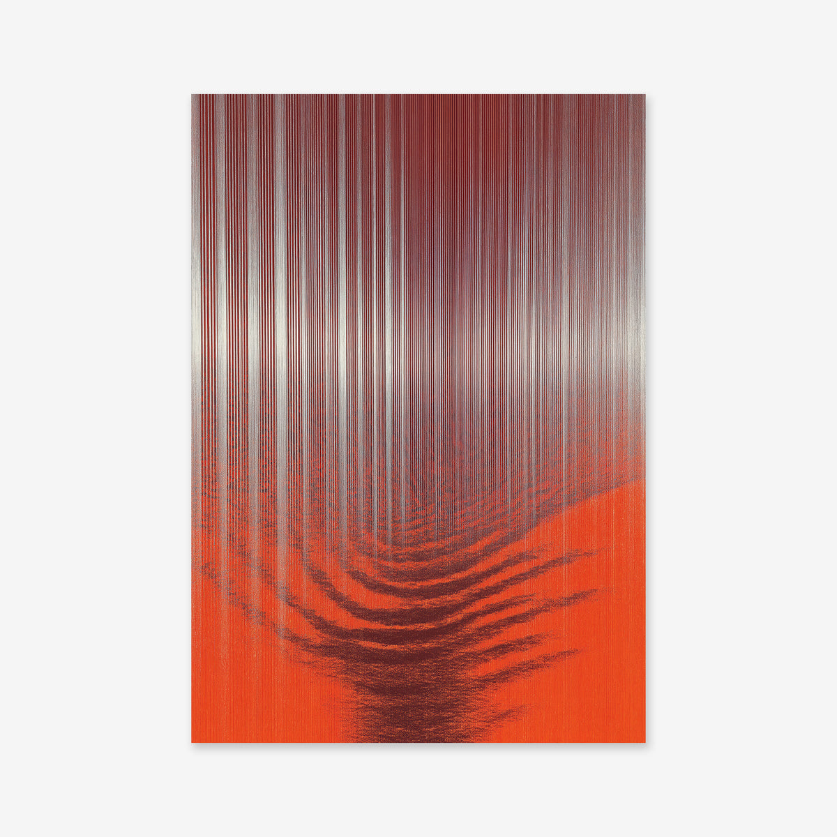 Stretching No. 2" features vertical silver and red lines forming a metallic rain illusion over a red background with a wavy, mirror-like lower half—perfect as a Giclée art print to elevate any modern interior.