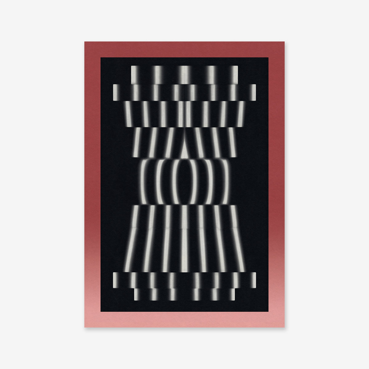 “Stripes in Layers” is a giclée art print with a pink border and black background, showcasing symmetrical white lines in a modern, distorted hourglass design—ideal for contemporary interiors.