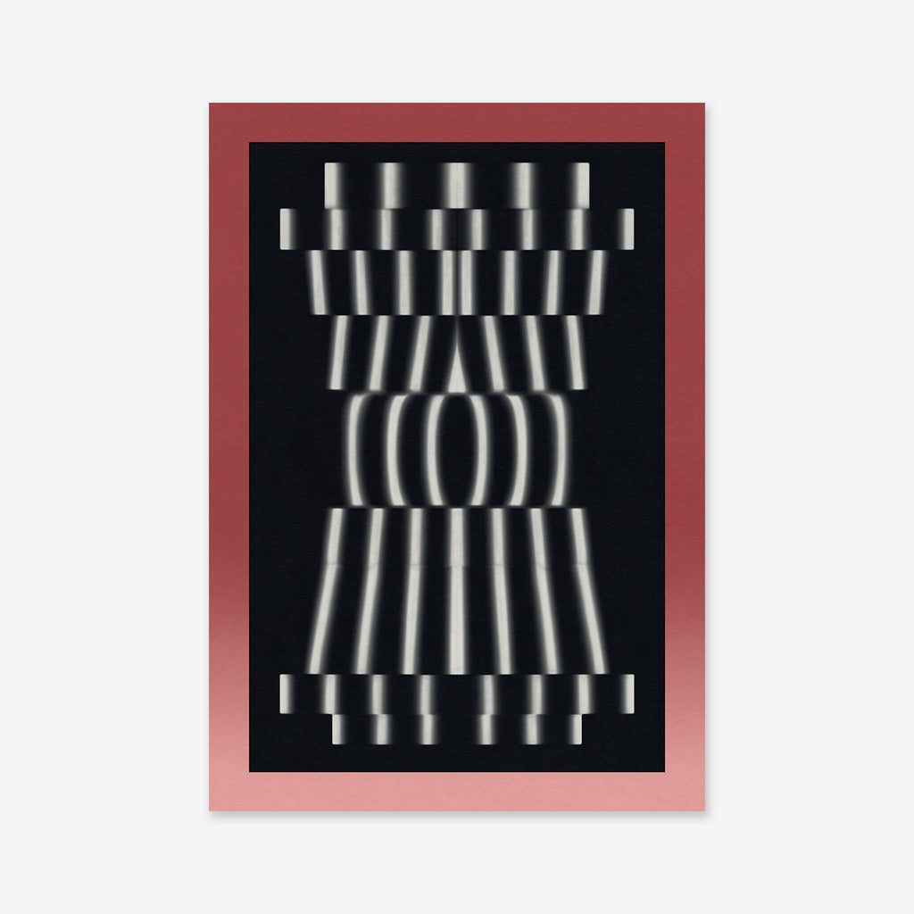 “Stripes in Layers” is a giclée art print with a pink border and black background, showcasing symmetrical white lines in a modern, distorted hourglass design—ideal for contemporary interiors.