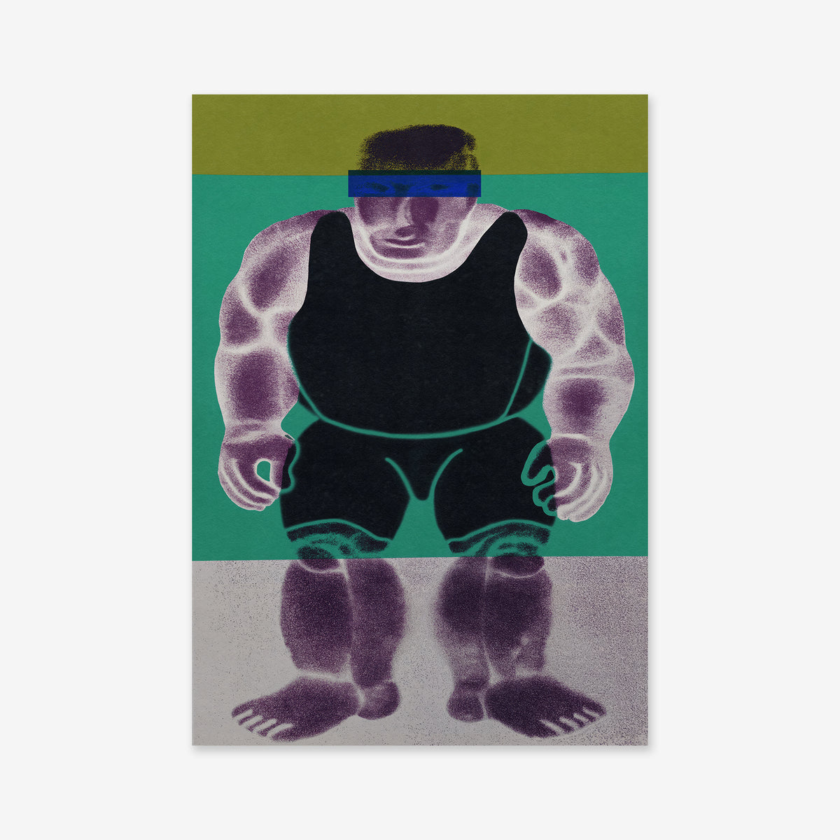 Strongman anonymous" features a stylized, barefoot figure in black tank top and shorts with purple-tinted skin, standing before green and teal blocks. A blue bar obscures the eyes. Ideal as a Giclée print on archival paper for any modern space.