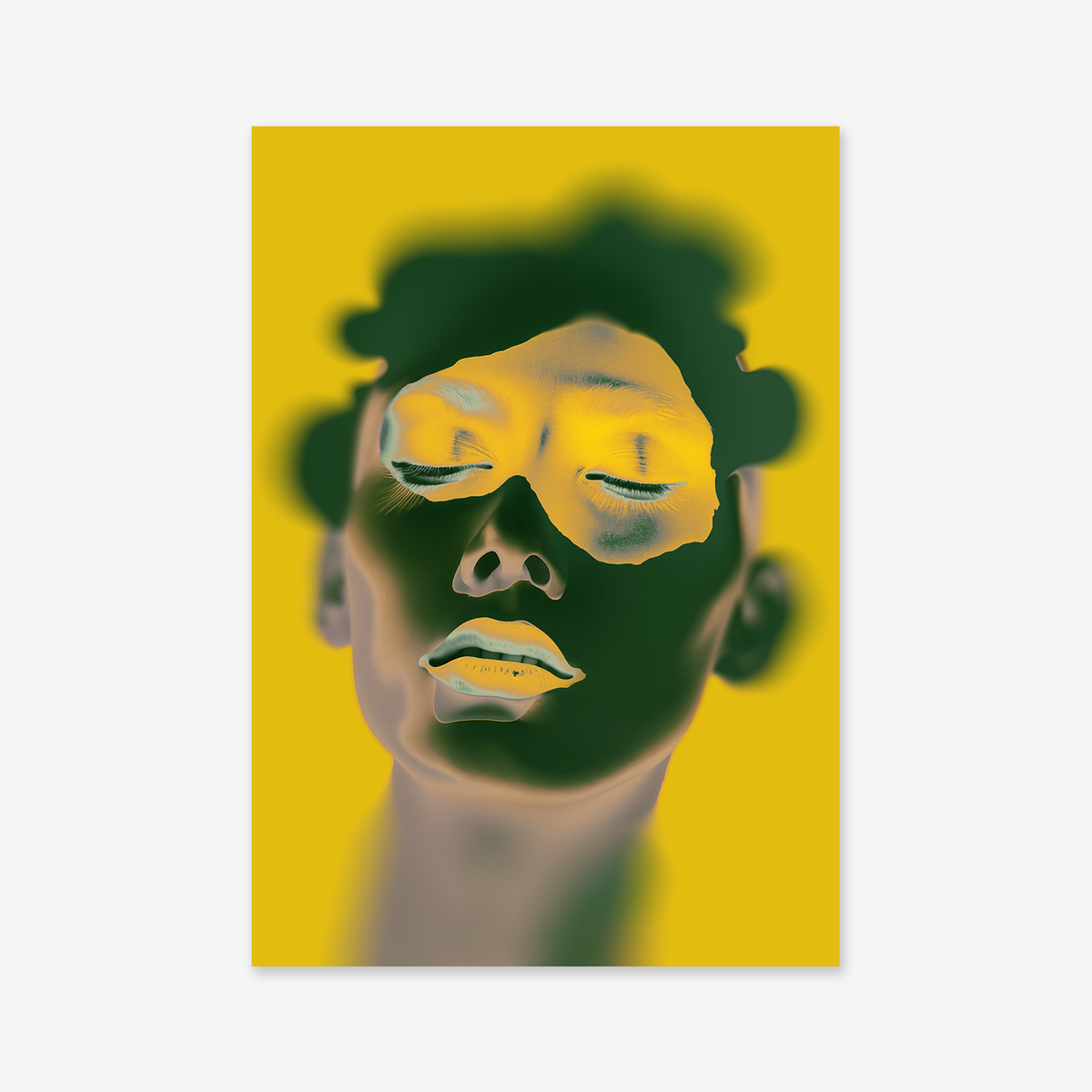 “Subtle Expression” is an abstract digital portrait featuring a face with closed eyes in dark green, yellow, and pale hues on a solid yellow background. This Giclée art print on archival paper suits any modern space.