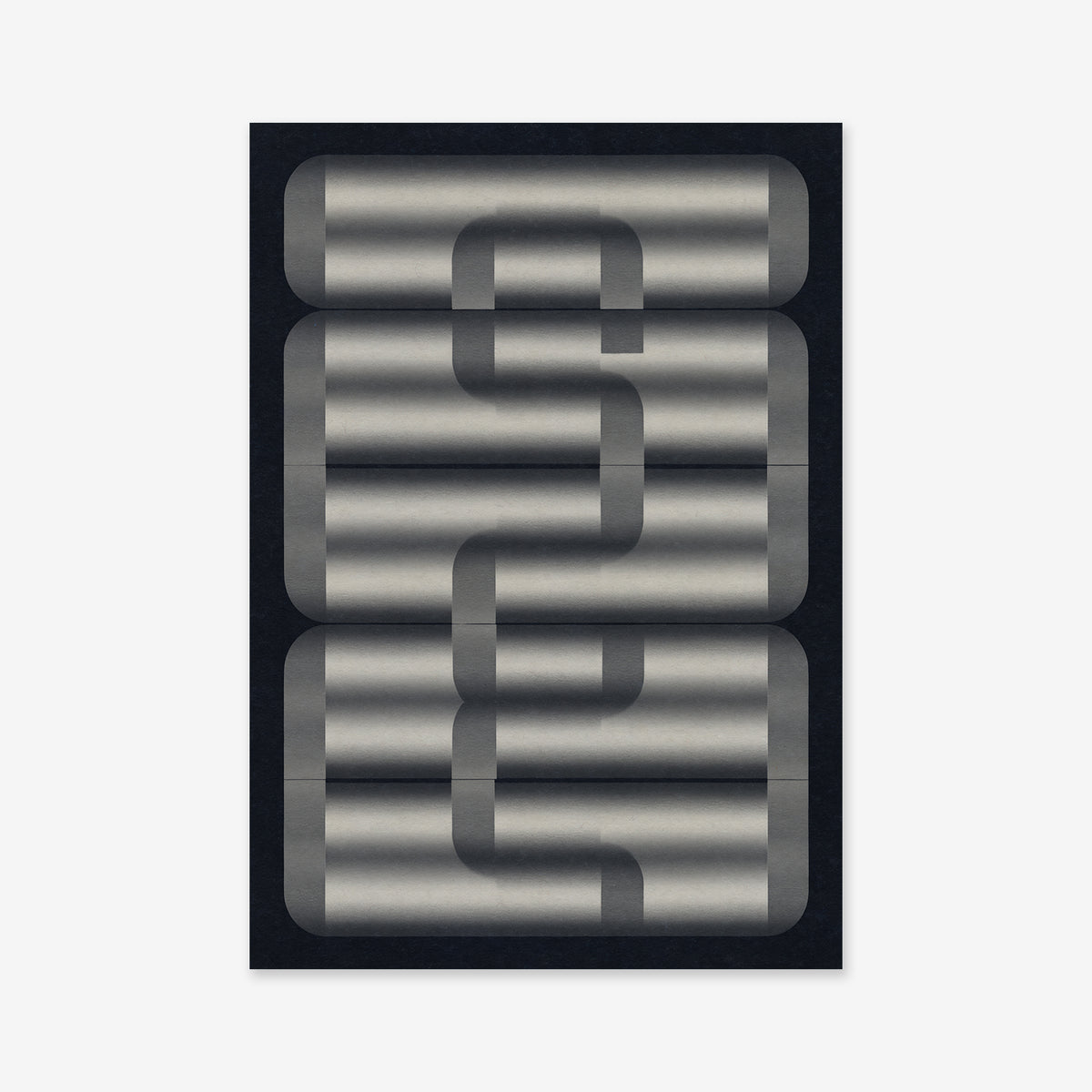 A minimalist giclée art print titled "Suitcases" features three stacked, metallic gray cylinders with a dark, abstract chain-like design interlocking their centers—an ideal addition to any modern interior.