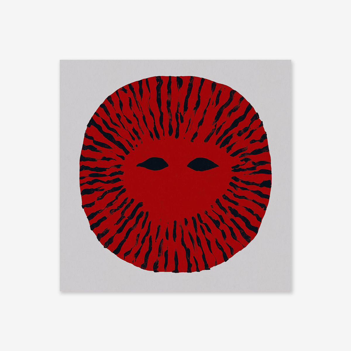 Sun: Abstract artwork with a red circular shape, black radiating lines, and two eye-like black almonds on a light gray background—ideal as a modern giclée art print on archival paper.