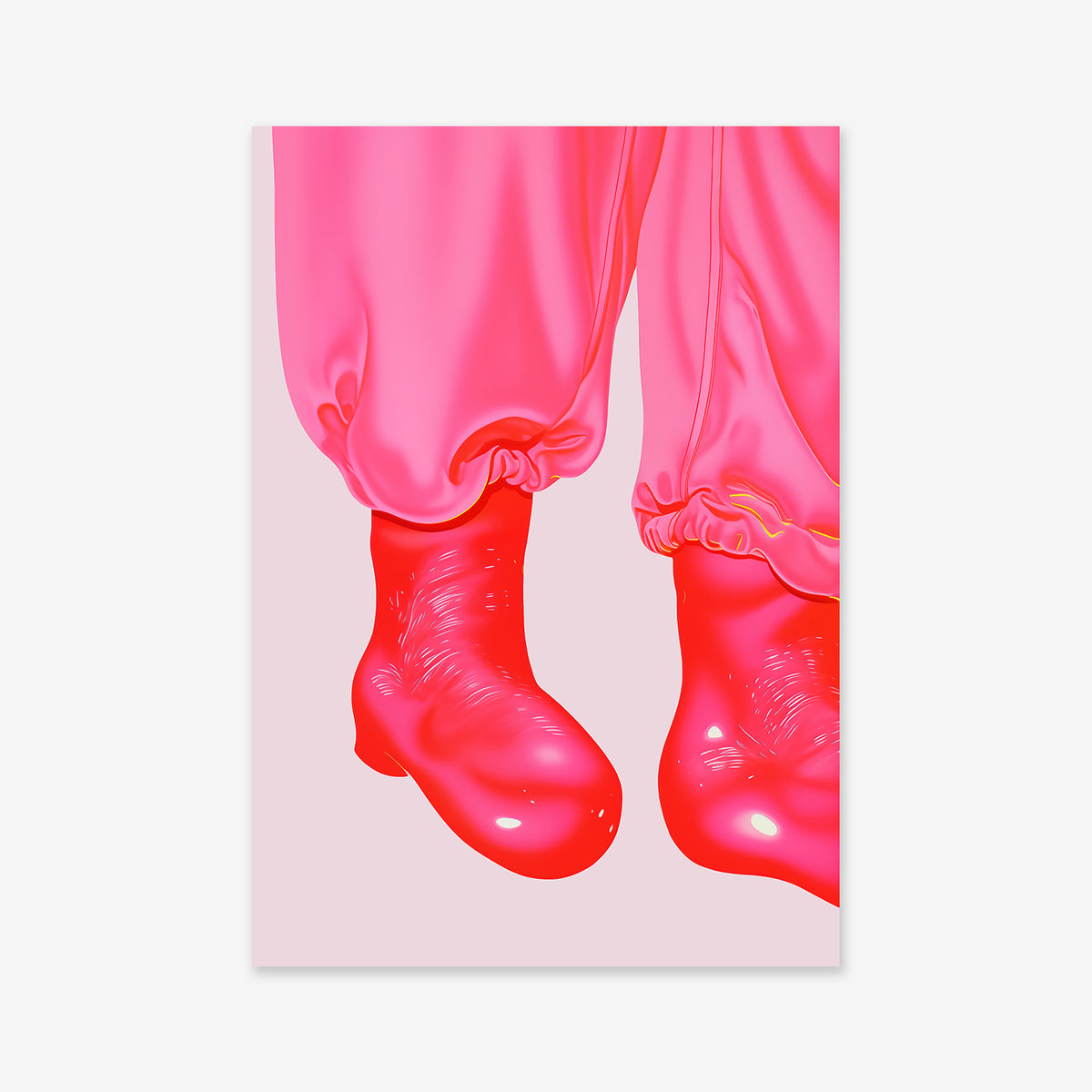 “Sunday legs”—a digital illustration of two feet in bright red shiny shoes and loose glossy pink pants with gathered hems on a light pink background, ideal as a giclée art print for modern interior decor.