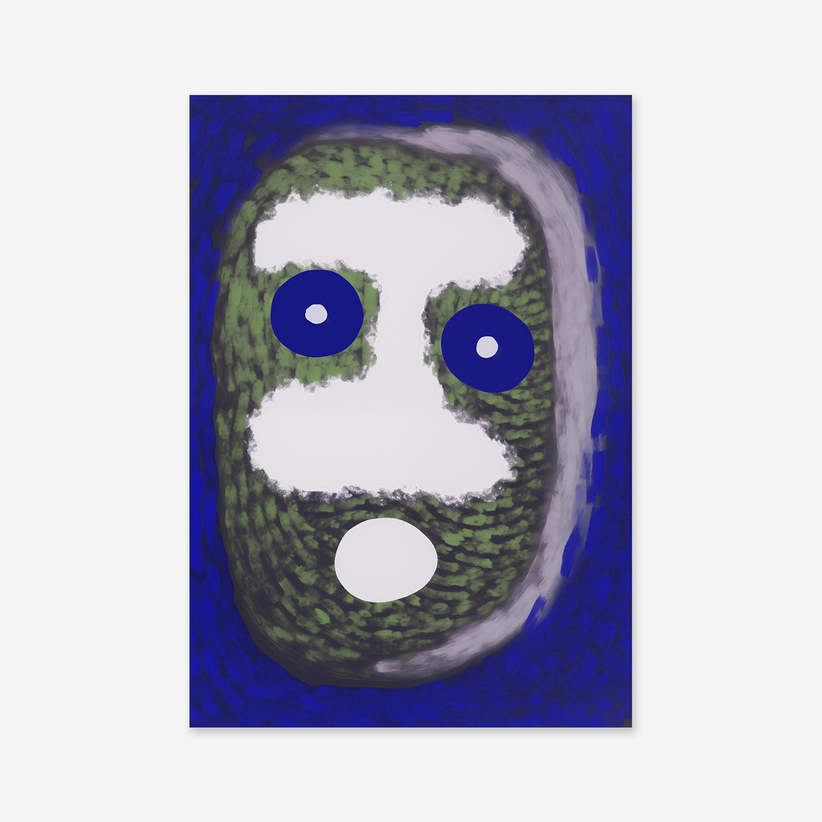 Surprised" features an abstract face with a green and black textured oval, white eye and mouth shapes, deep blue eye circles, all within a blue border—perfect as a giclée art print for modern interior decor.