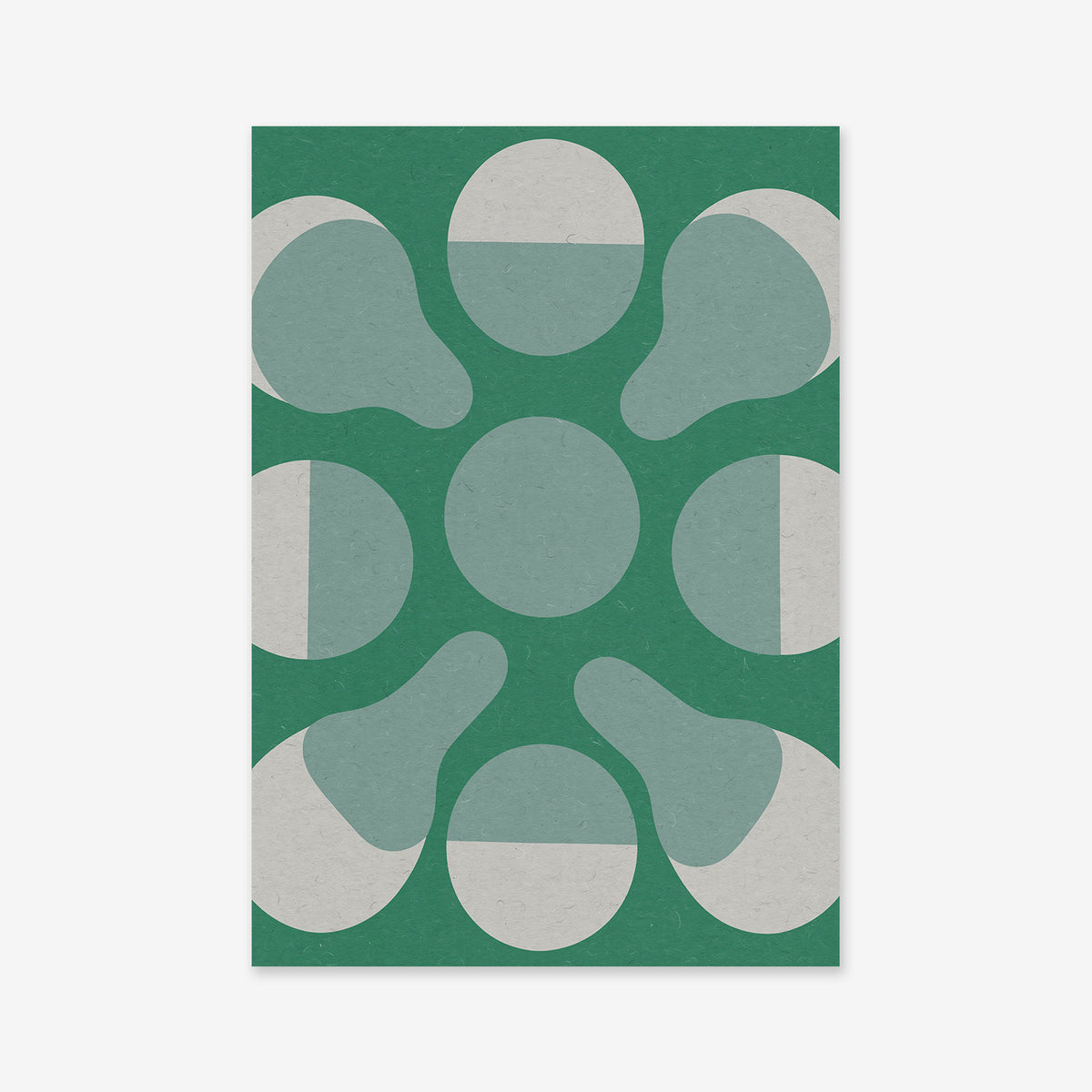 Surrounded - Green" is a giclée art print with abstract geometric artwork: a central circle, teardrop forms, and small circles on a textured green background, blending green and grayish shapes for a modern look.