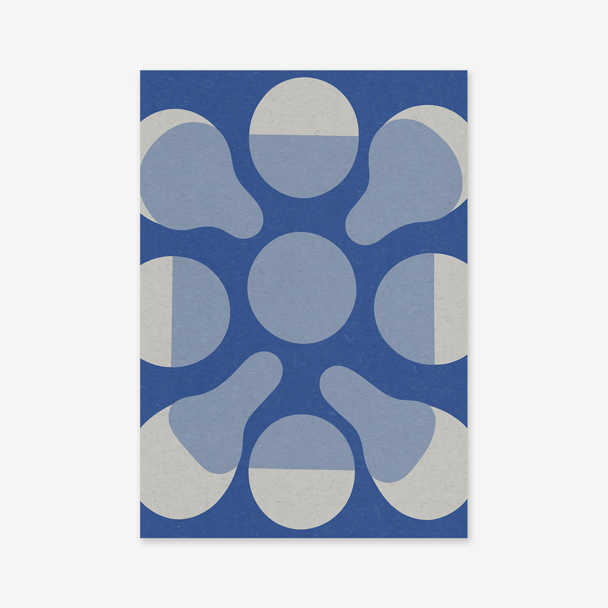 Surrounded - Blue" is a modern abstract geometric art print featuring a blue background, a central blue circle, and six white teardrop shapes. Available as a Giclée print on archival paper.