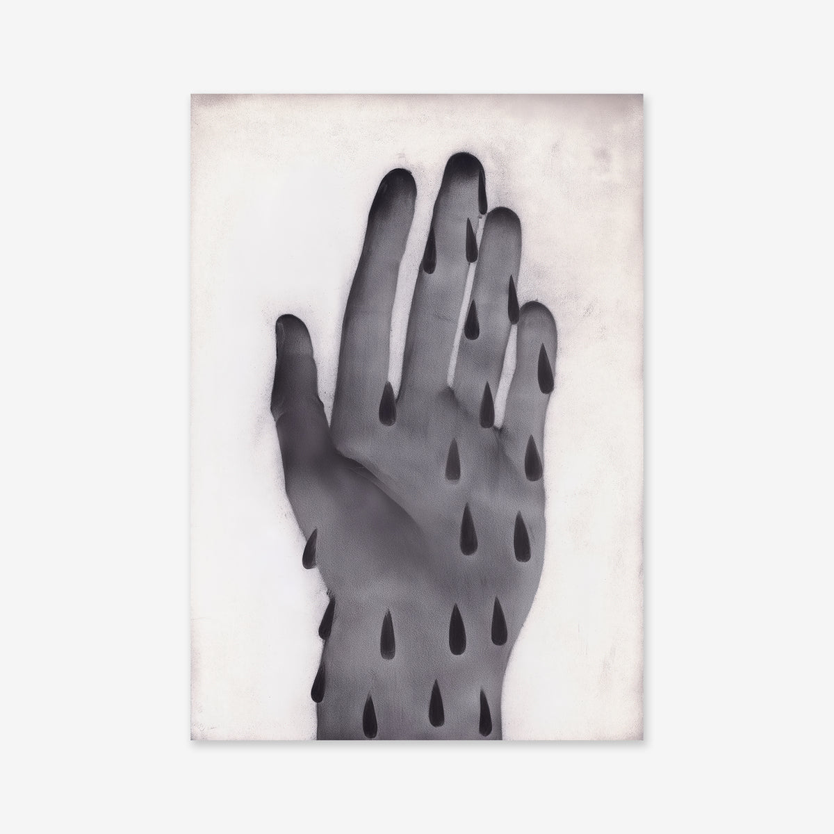 Sweaty Palms" is a giclée art print on archival paper featuring a grayscale illustration of an upright hand with teardrop shapes on the palm and fingers, set against a light, textured background for modern decor.
