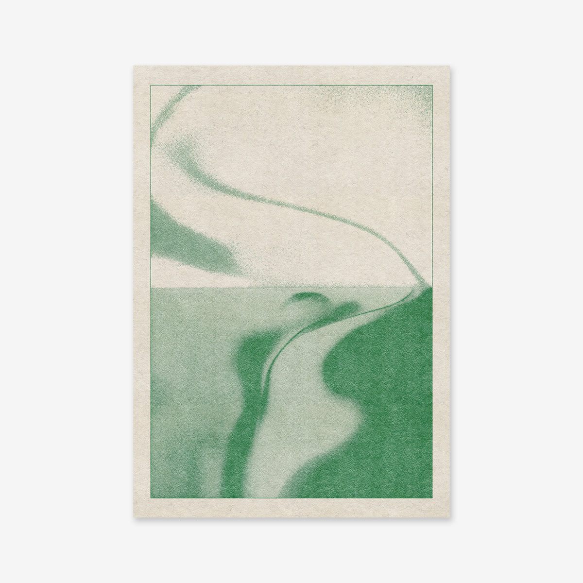 Swirl" is a minimalist abstract print featuring green and off-white hues divided horizontally. Wavy lines and soft shapes blend harmoniously on textured archival paper, creating a tranquil Giclée art print ideal for modern interiors.