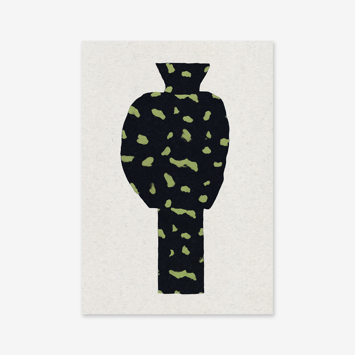 Tall vase No. 2 features an abstract, tall vase-like form with a wide top and narrow base, filled with dark blue and green spots on a light textured background. This modern giclée art print is produced on premium archival paper.